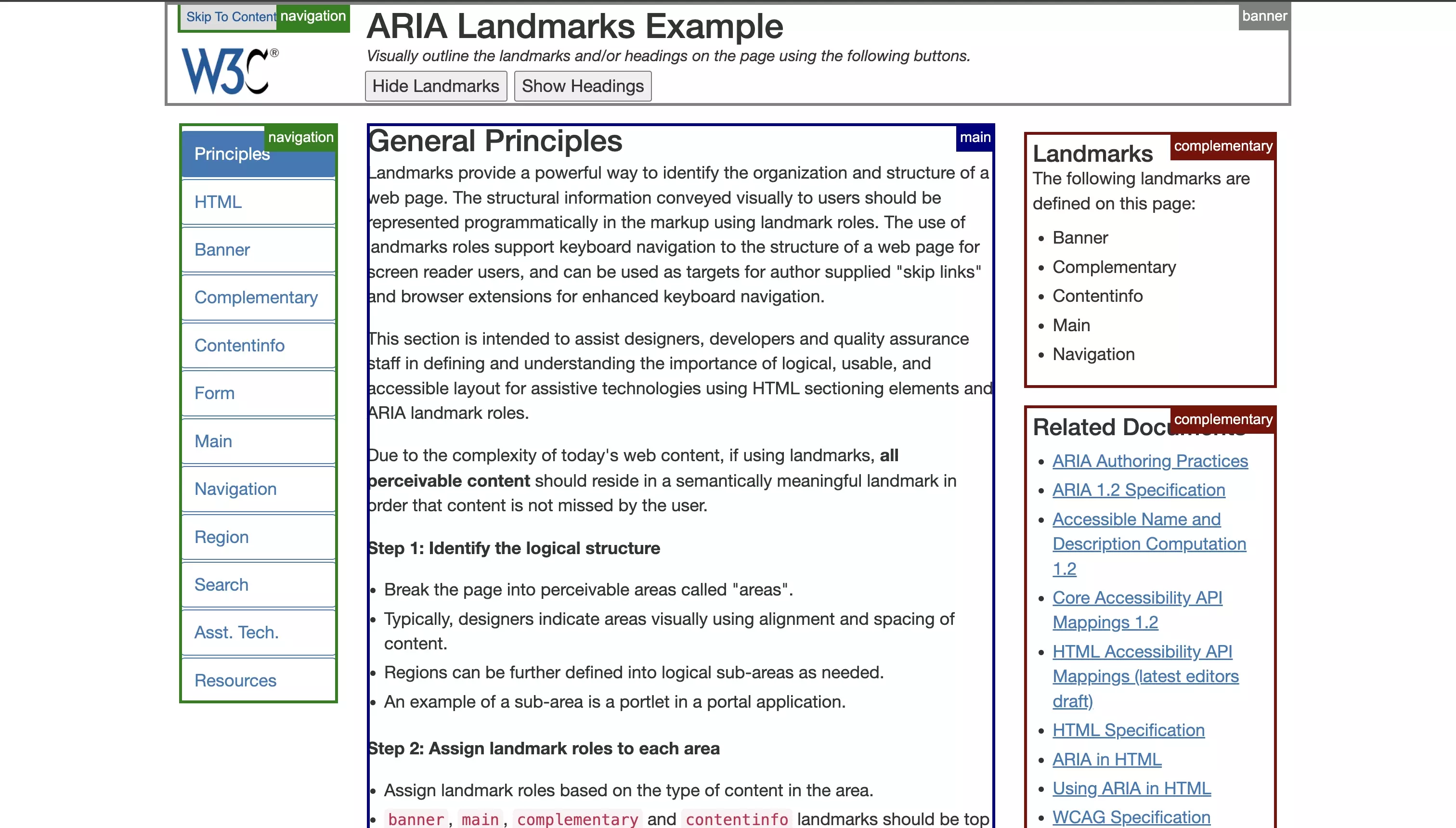 Examples of ARIA Landmarks as can be seen on the WCAG webpage linked below.