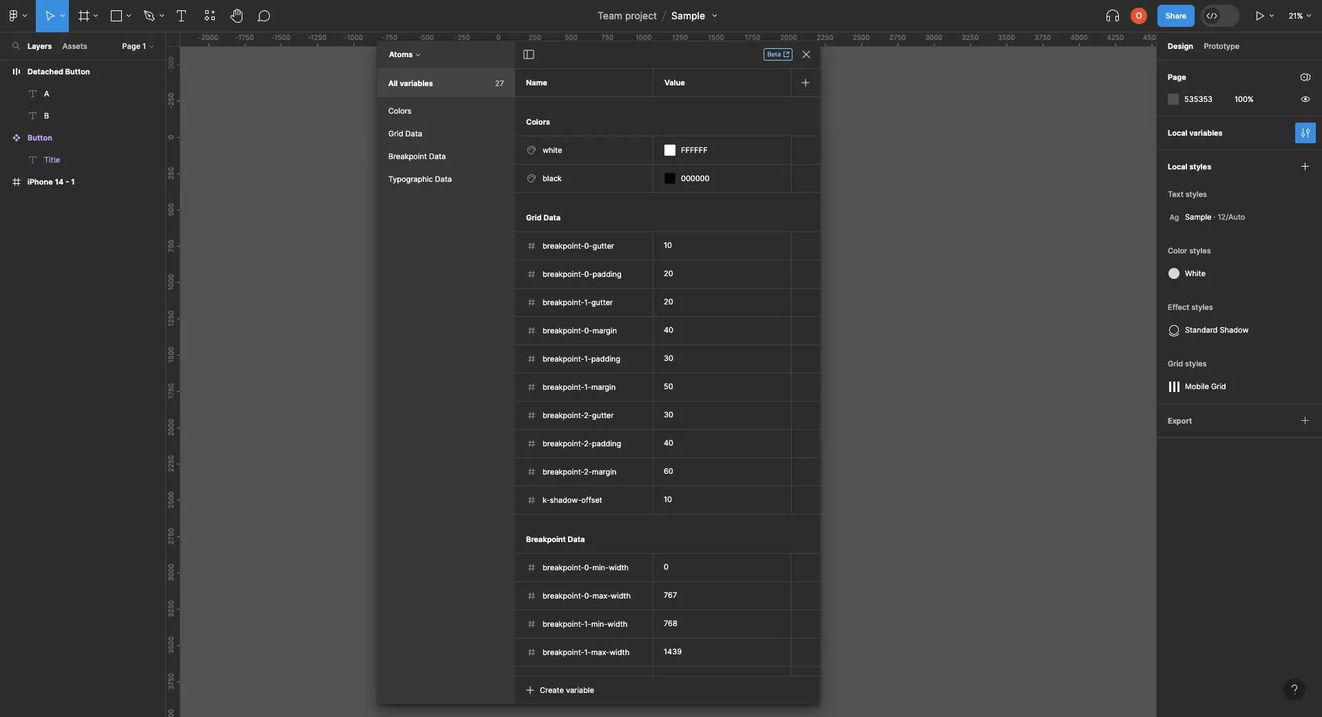 A screenshot of Figma showing the Atoms that we created for our sample design system.