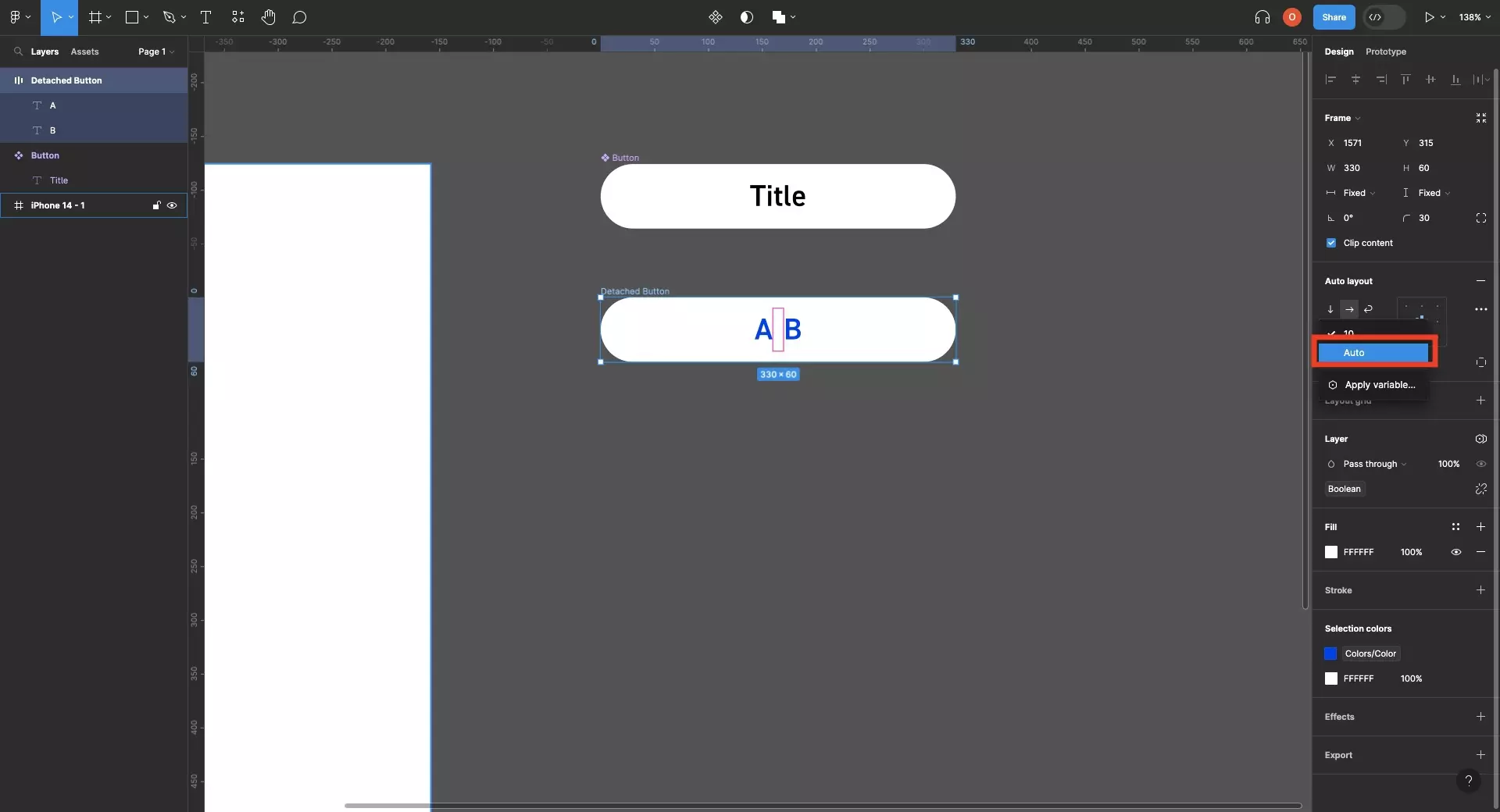 A screenshot of Figma that shows that when you click the dropdown next to the Auto Layout gap input, a menu appears from which you can select "Auto". Click this to make the auto-layout frame use space-between.