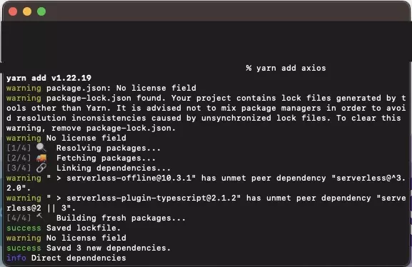 A screenshot of Terminal showing how Axios was added to the project dependencies.