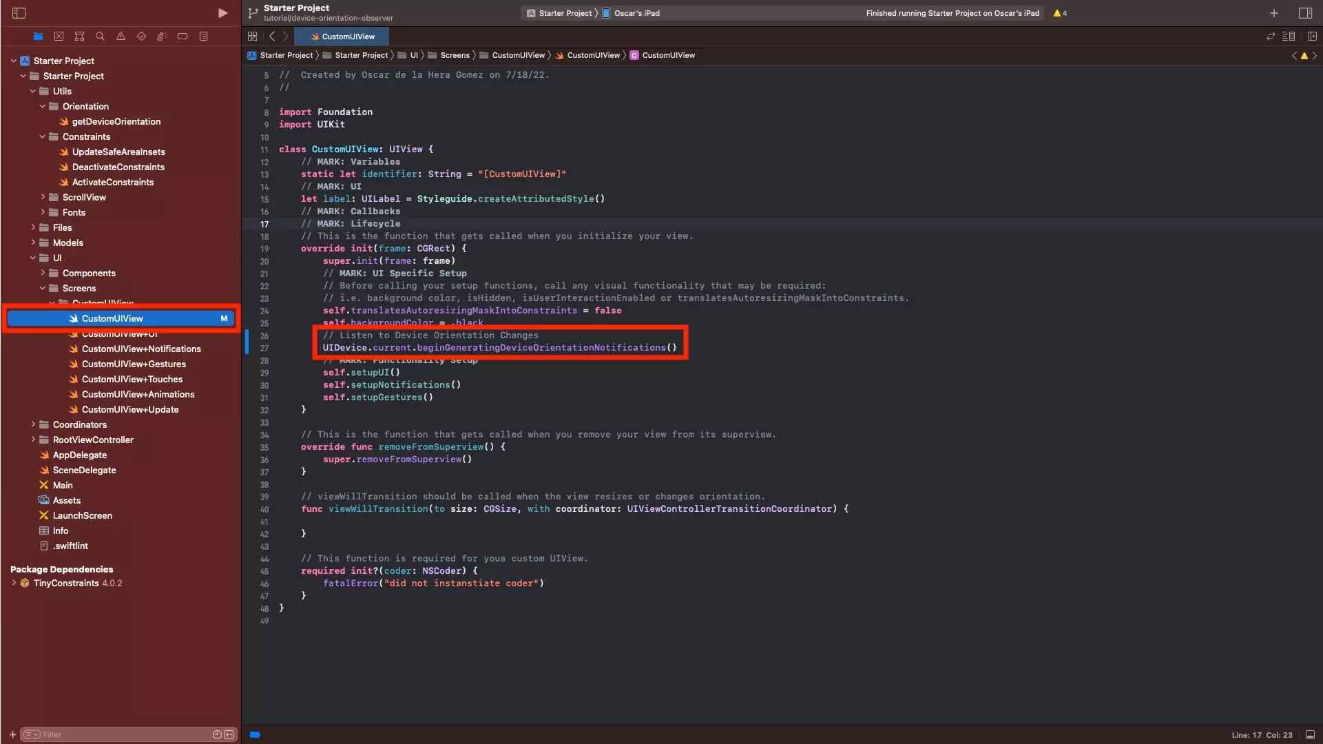 A screenshot of Xcode with a highlight on UIDevice.current.beginGeneratingDeviceOrientationNotifications() within the init function of the CustomUIView.swift file.
