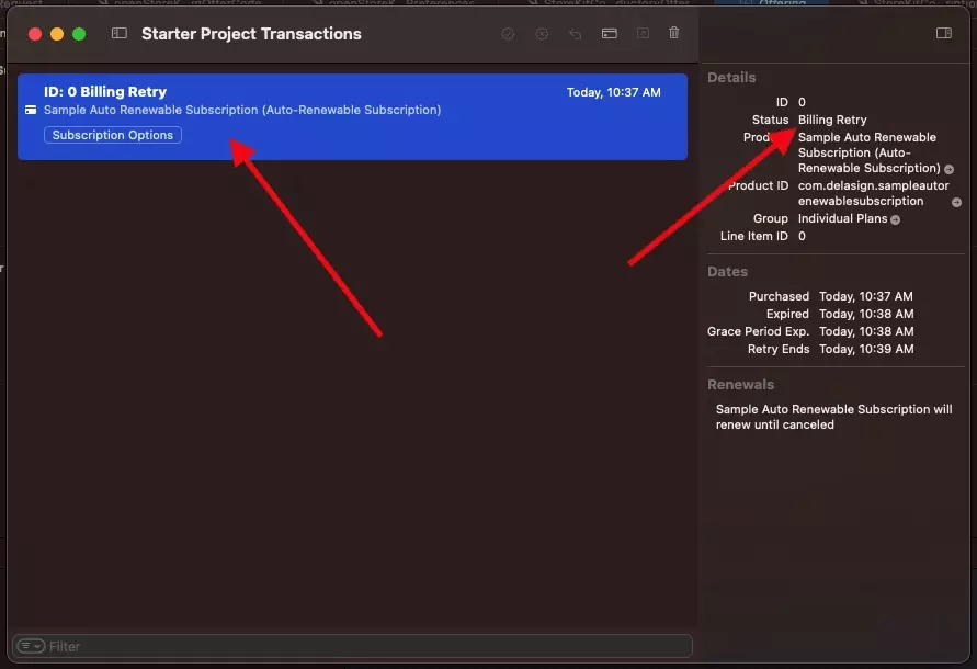 A screenshot of the StoreKit Transaction Manager showing a transaction in billing retry.