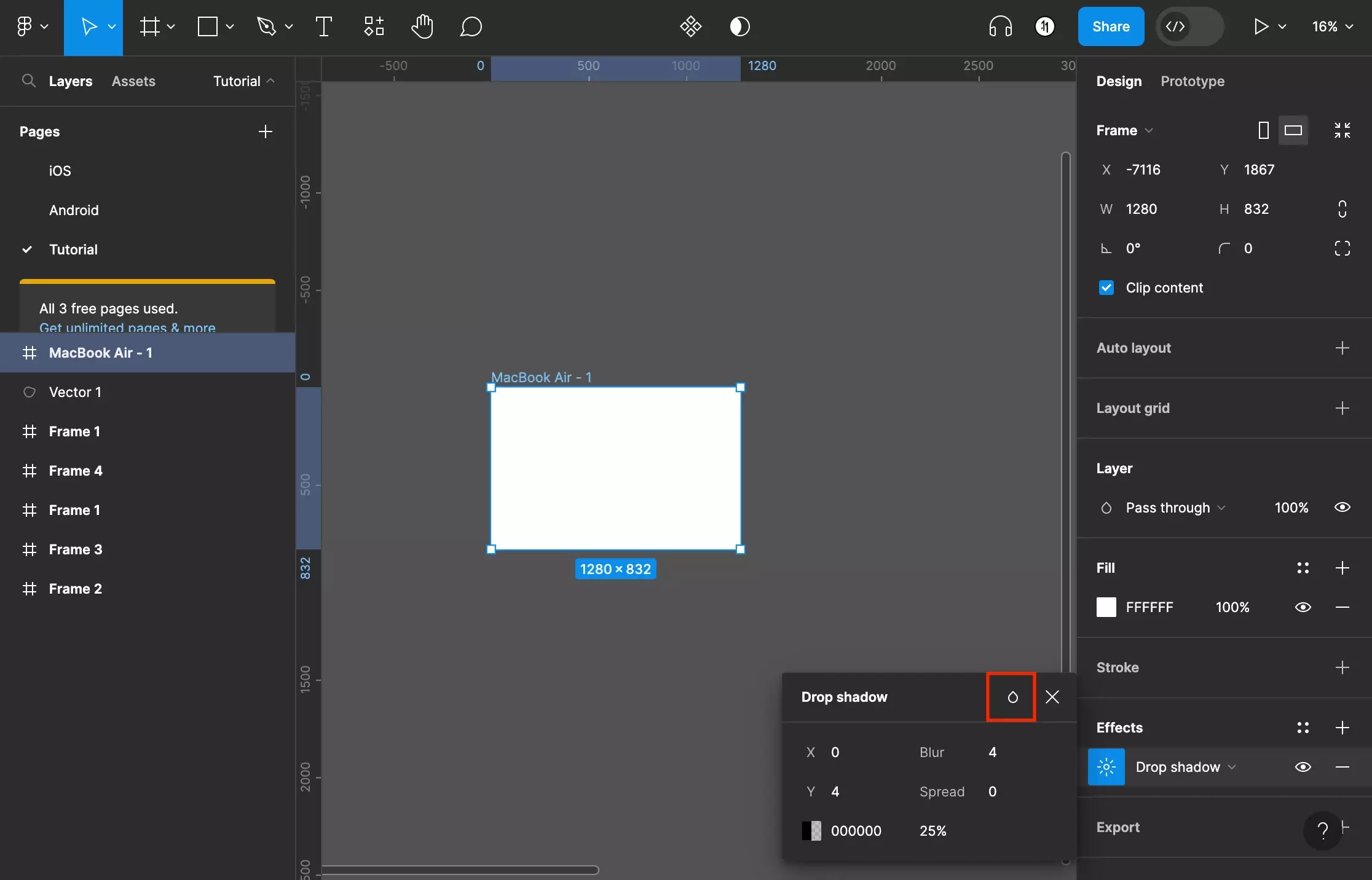 A screenshot of Figma that shows you a frame that has been selected.  The right menu side bar shows that an effect has been added and the effect customization menu has been opened. Highlighted is the drop icon the top right. Click this to open the blend modes menu.