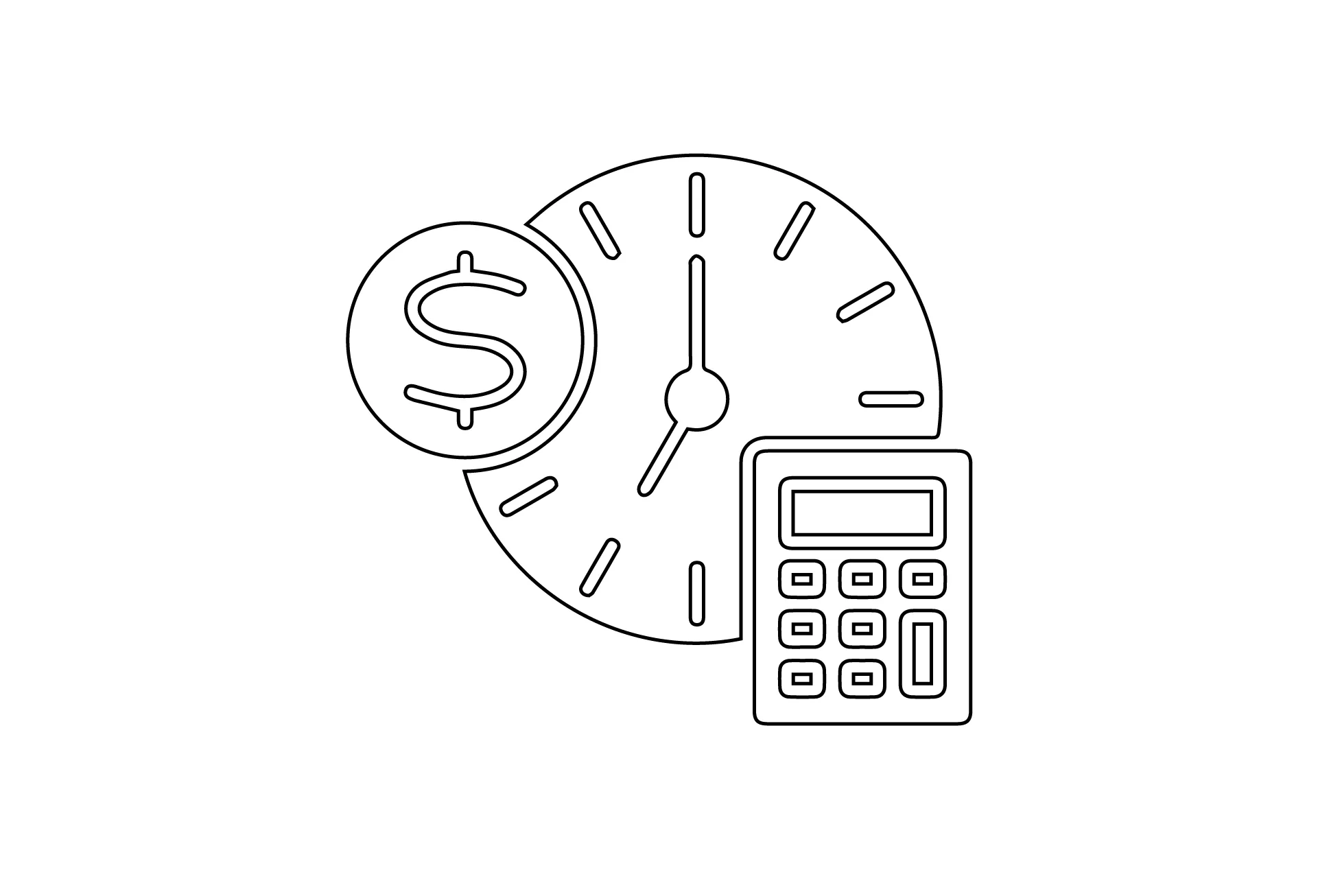 An icon that visualizes time, money and a calculator in a shared space.