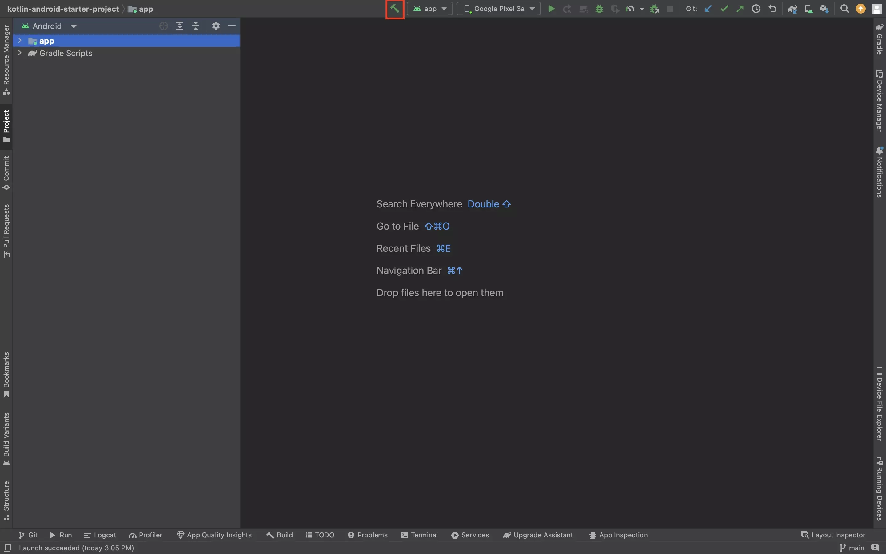 A screenshot of Android Studio show you how to Make an Android project. Highlighted is the hammer found at the top, centered on Android Studio. Please note that making the project, rebuilds the project.