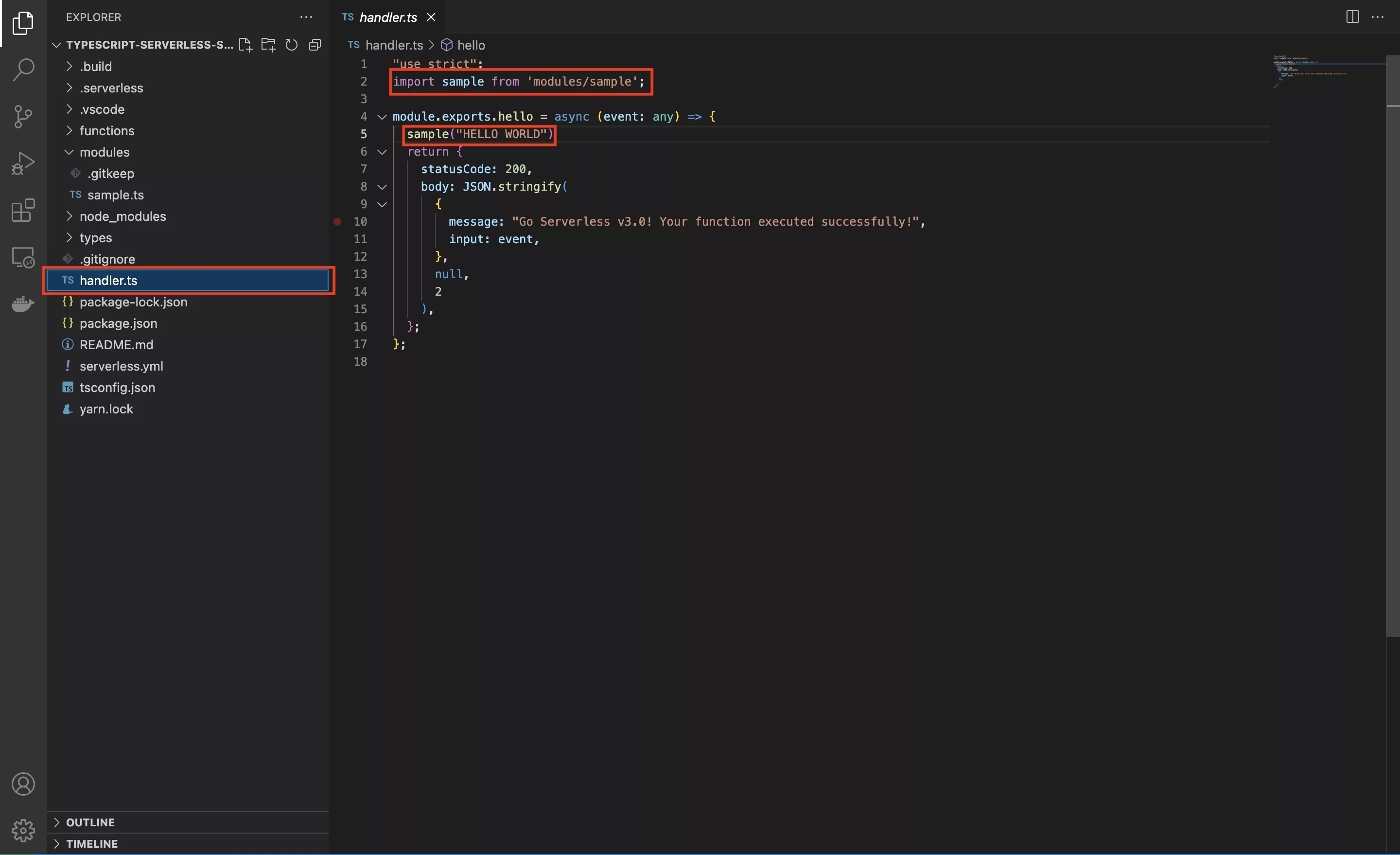 A screenshot of VSCode of the handler.ts file showing how we imported the Sample module and called the test function.