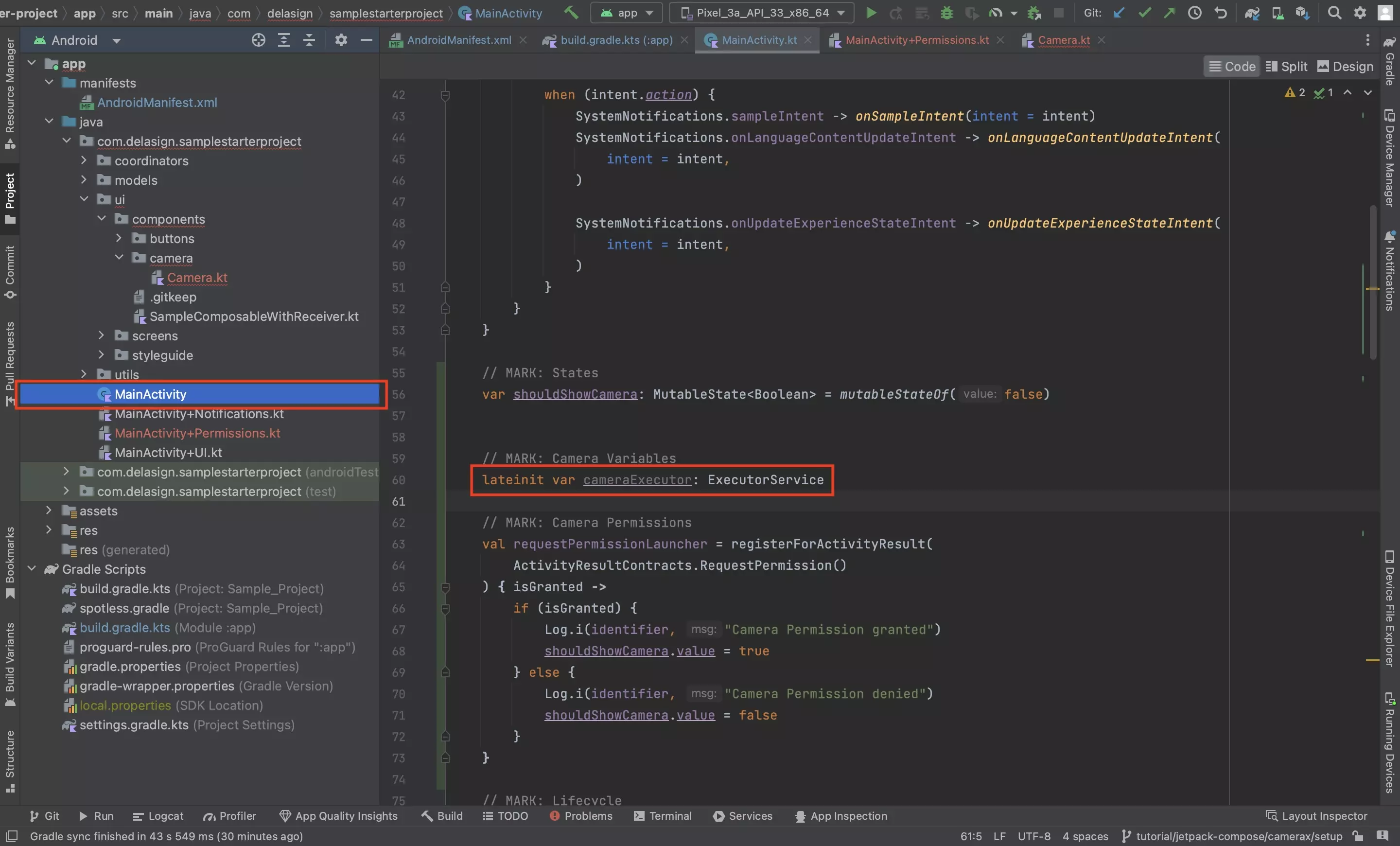 A screenshot of Android Studio showing how to add the camera executor to the Activity.