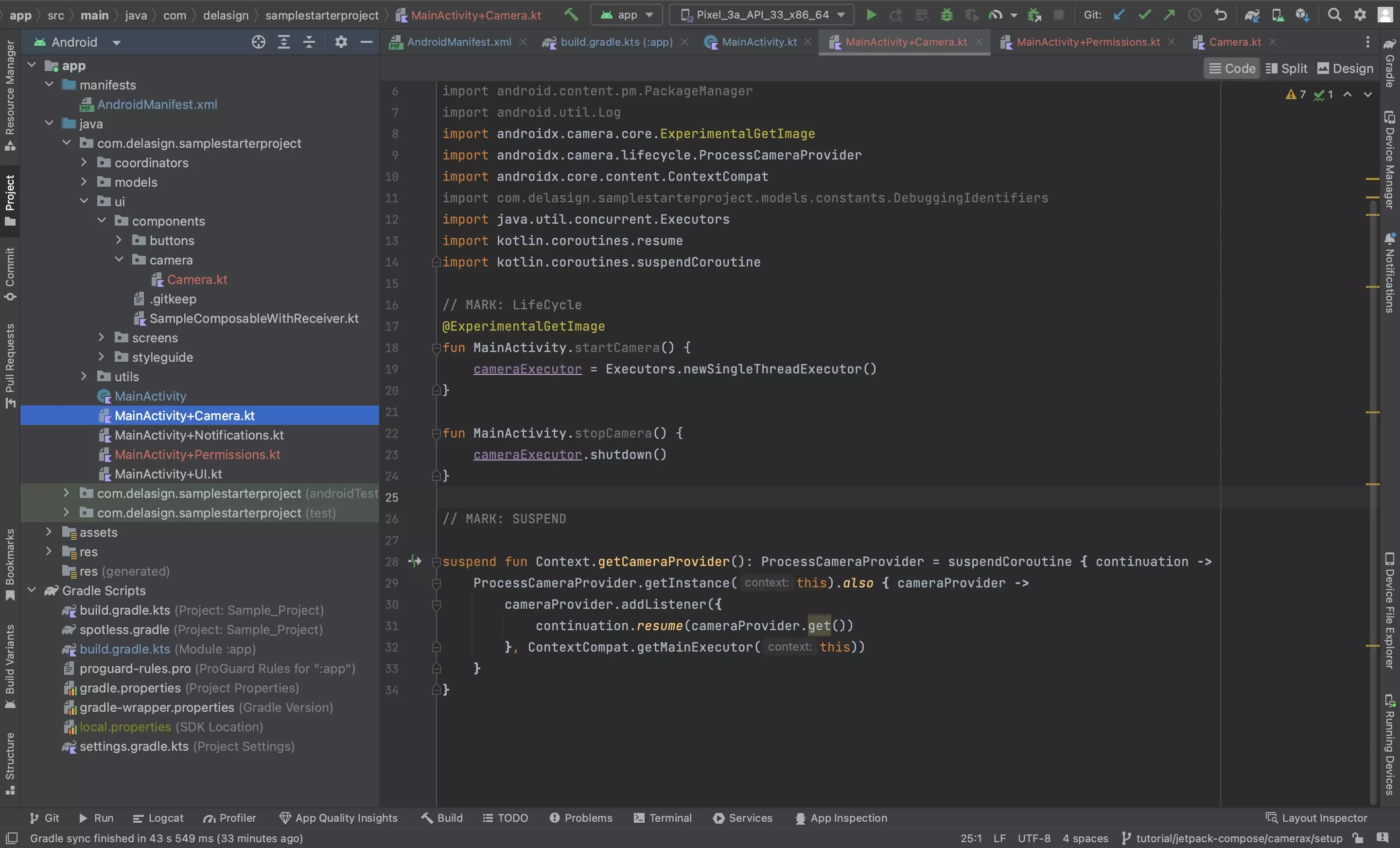 A screenshot of Android Studio showing the MainActivity camera extension. Code available below.