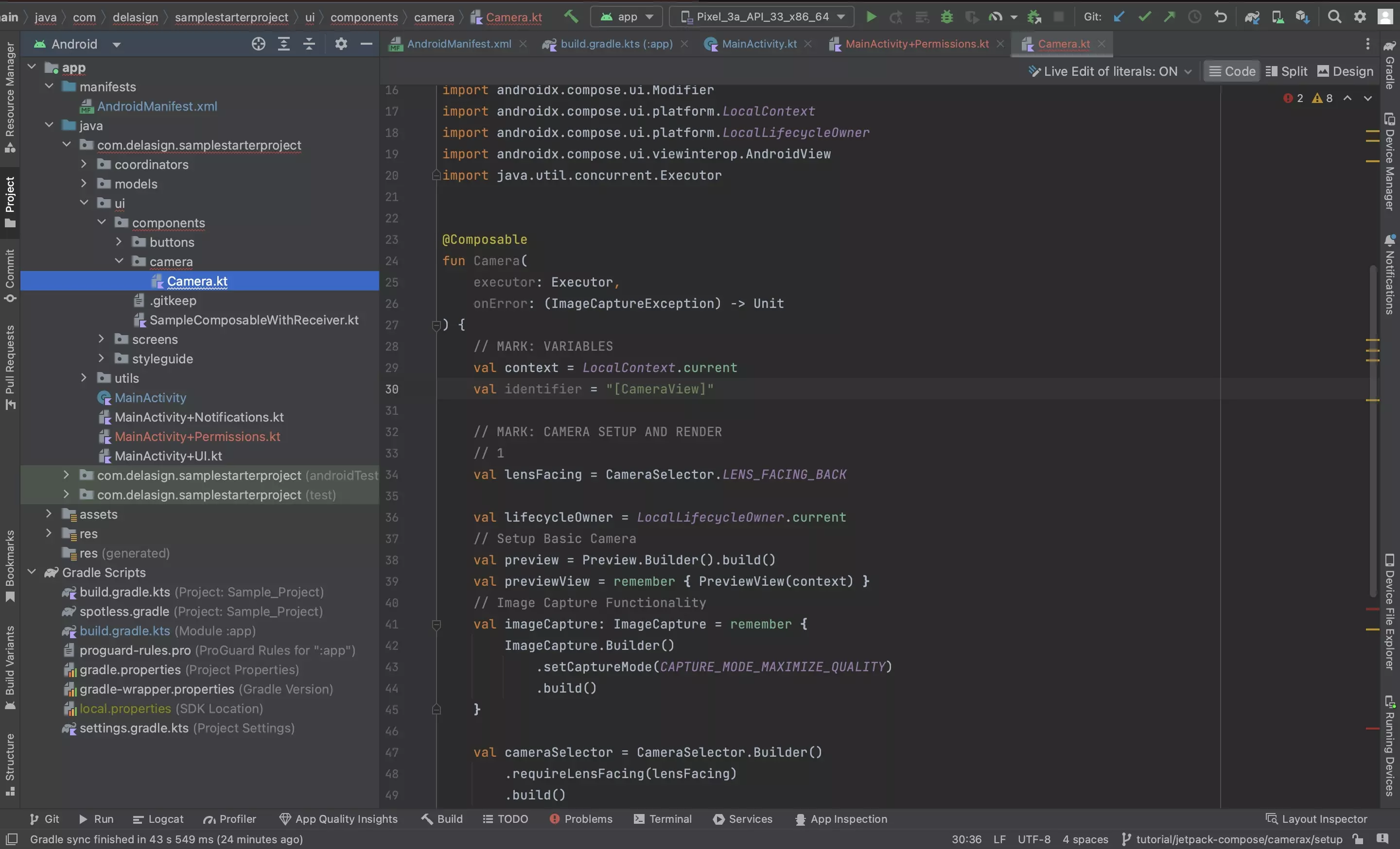 A screenshot of Android Studio showing the CameraX composable code in a Camera.kt file found under the UI folder.