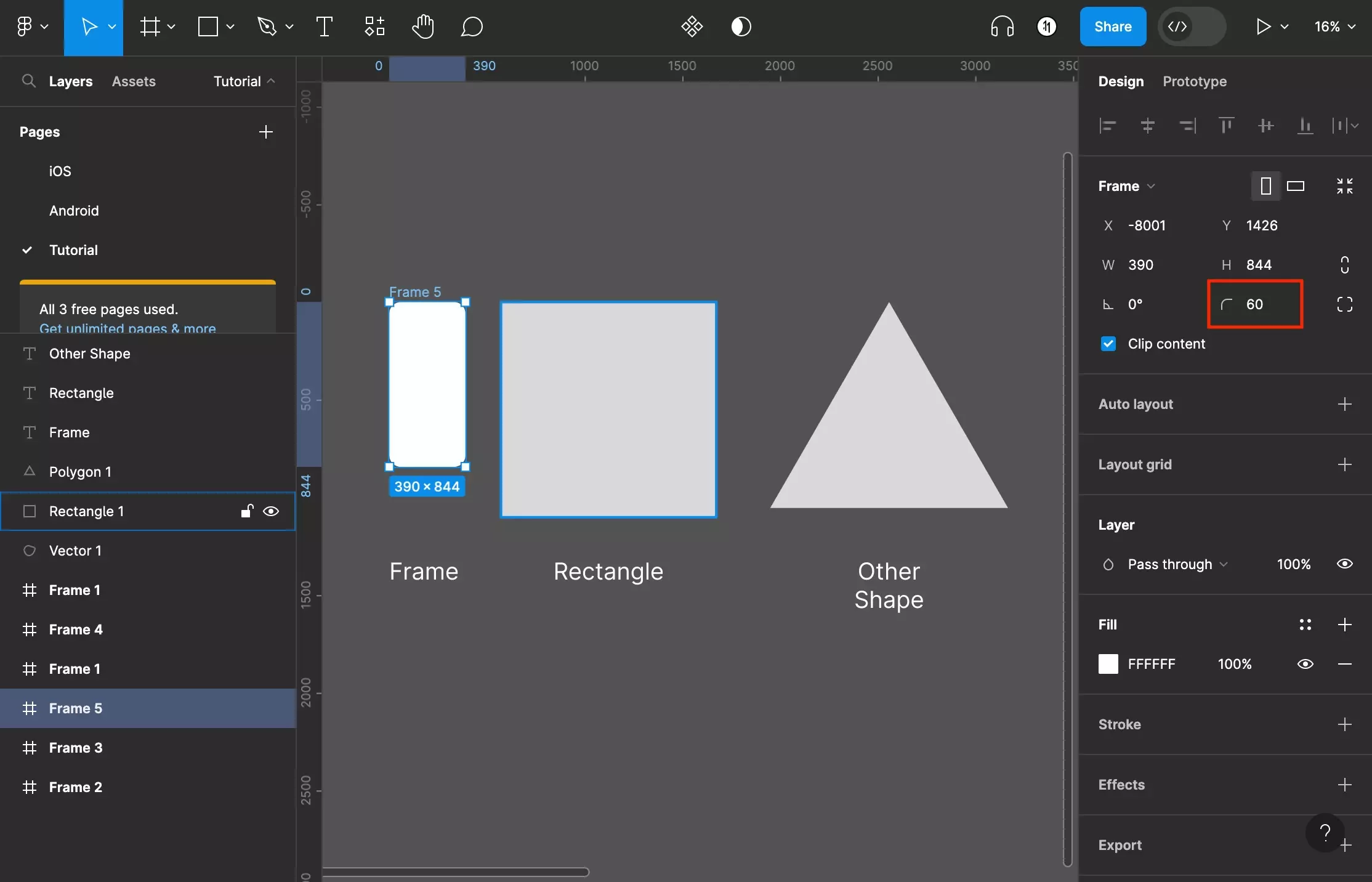 A screenshot of Figma with a Frame, Rectangle and Triangle shape on screen, beneath them sits labels that state “Frame” “Rectangle” and “Shape” respectively. The frame is highlighted indicating that it has been selected and has a corner radius. We have also highlighted the corner radius input on the right menu bar which has a 60px value - change this to change the corner radius of a shape or a frame.