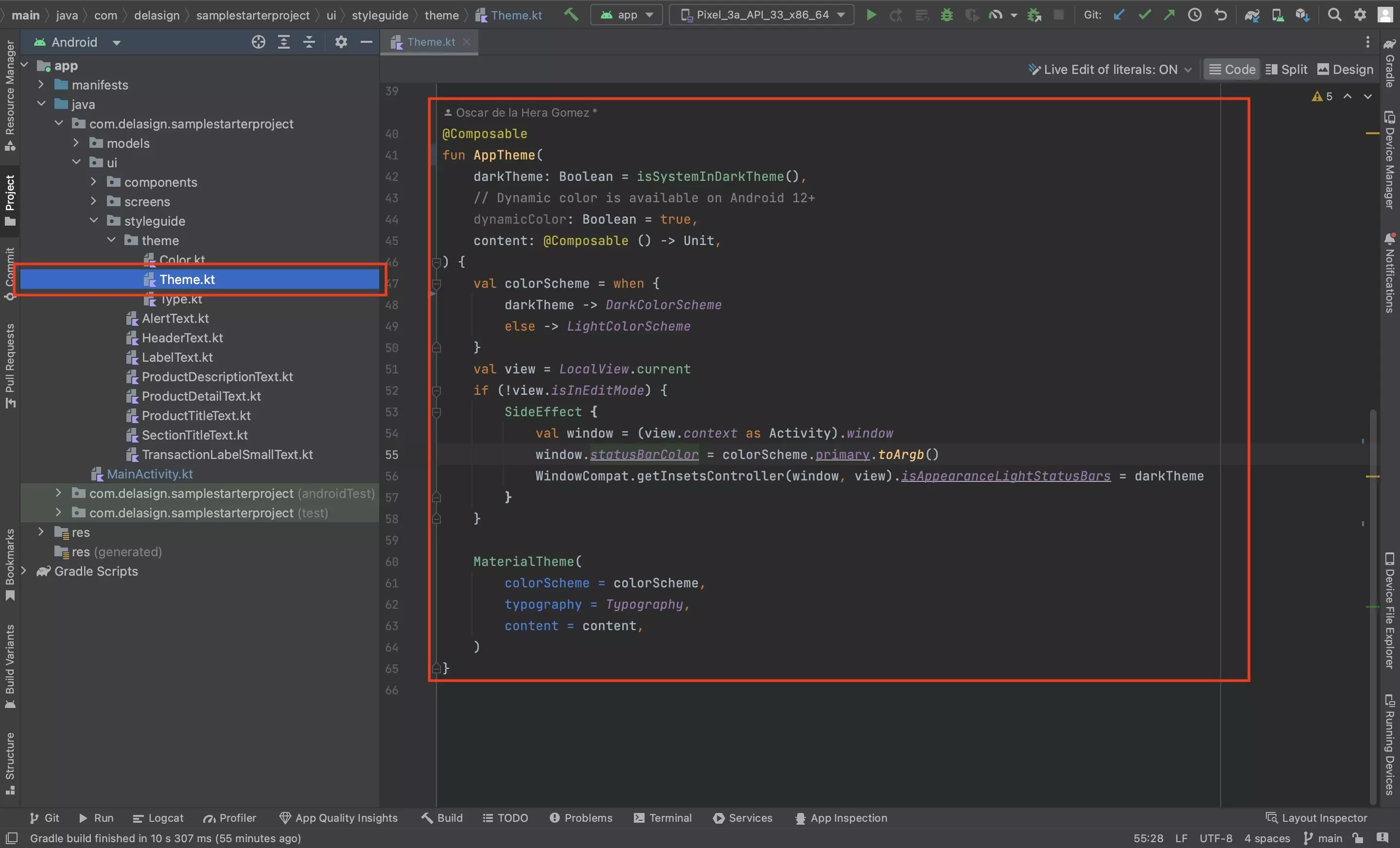 A screenshot of Android Studio showing the Theme.kt file. Highlighted is the updated theme code.