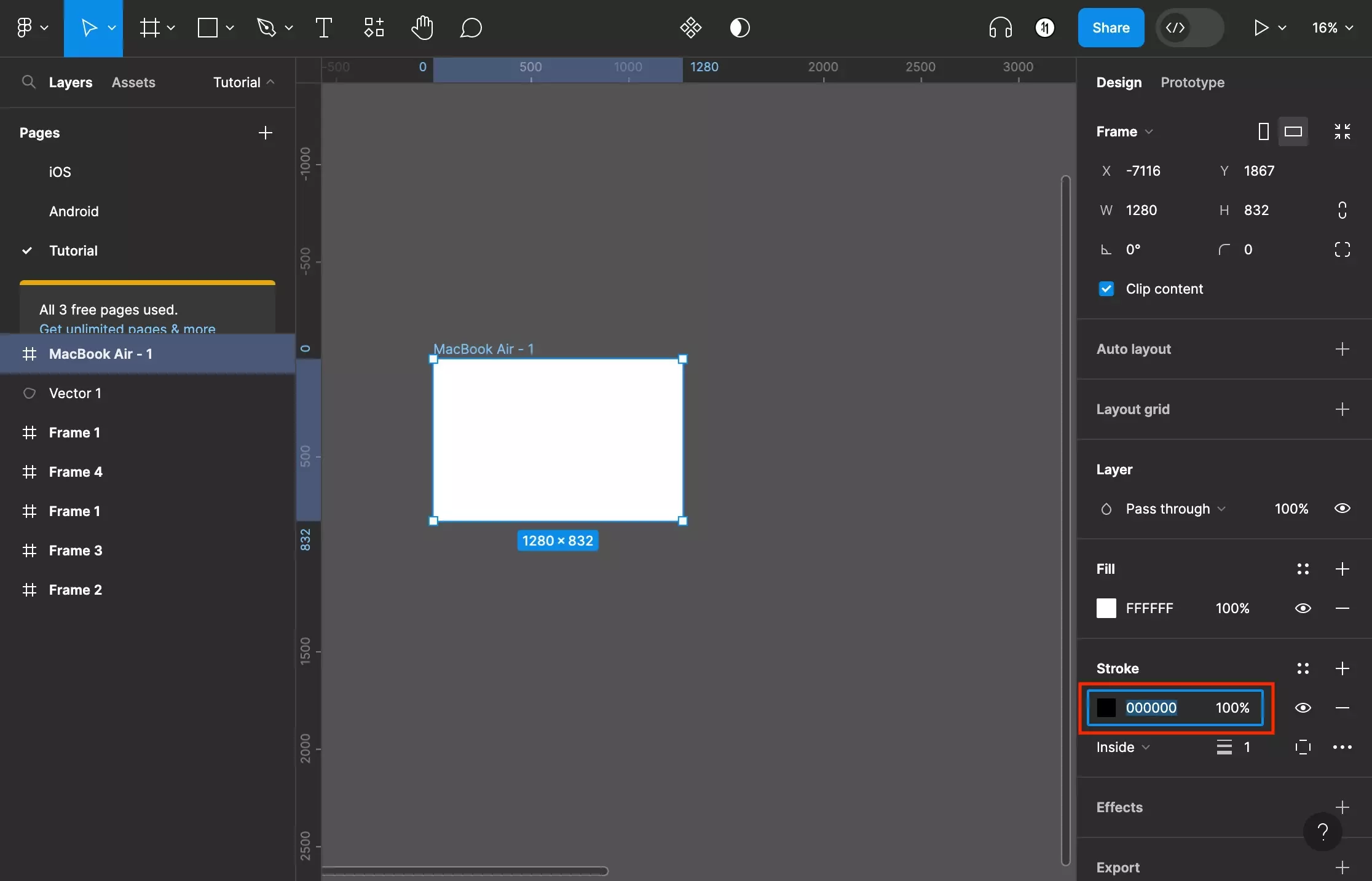 A screenshot of Figma that shows you a frame that has been selected. We have added a stroke and have highlighted the hex input that falls below the “stroke” title on the right menu side bar. Enter a hex value into the input.