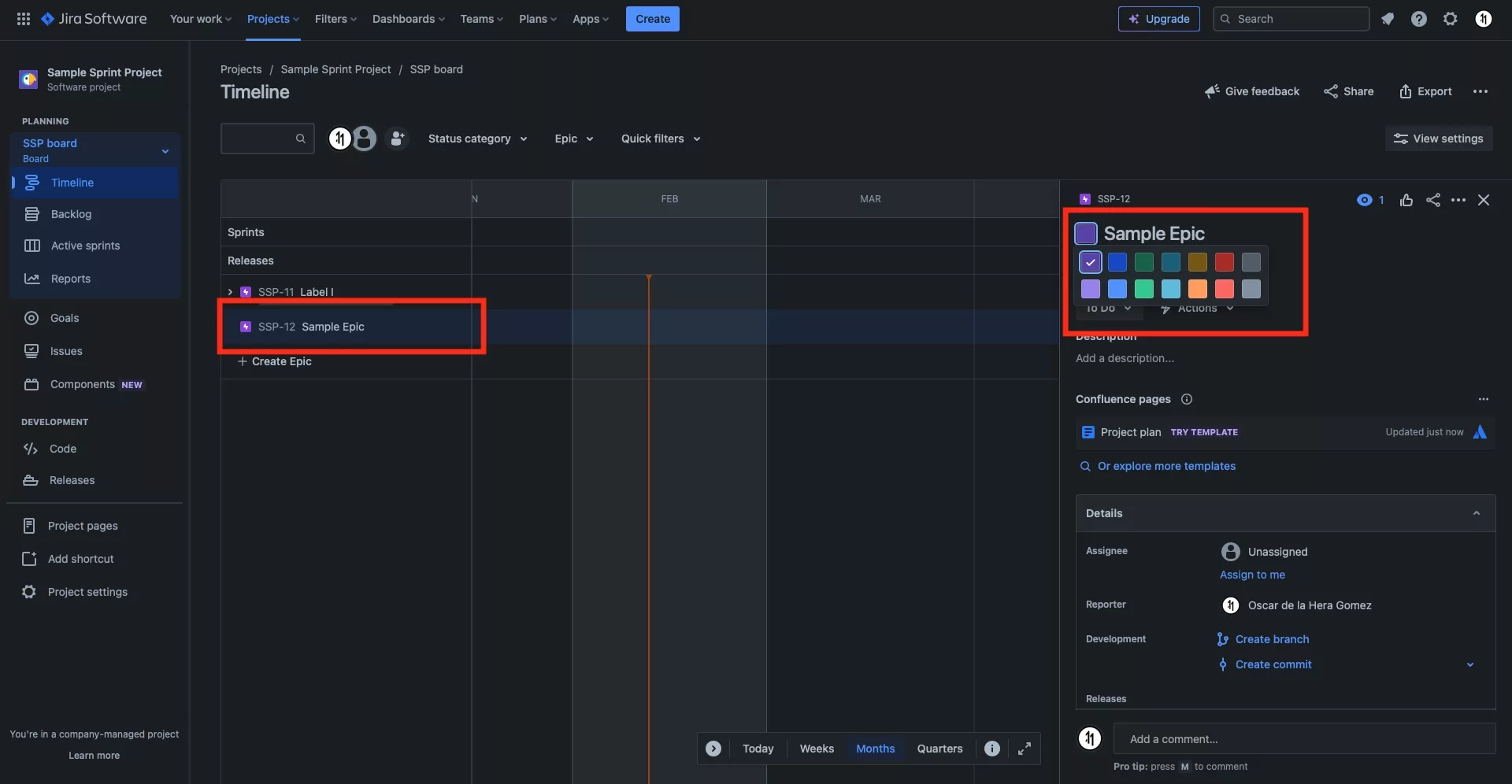 A screenshot of the Jira timeline screen with an epic selected. A view appears on the right hand side which includes a colored square. If you press the colored square you can change the color for the epic by selecting a new color from the pop up.