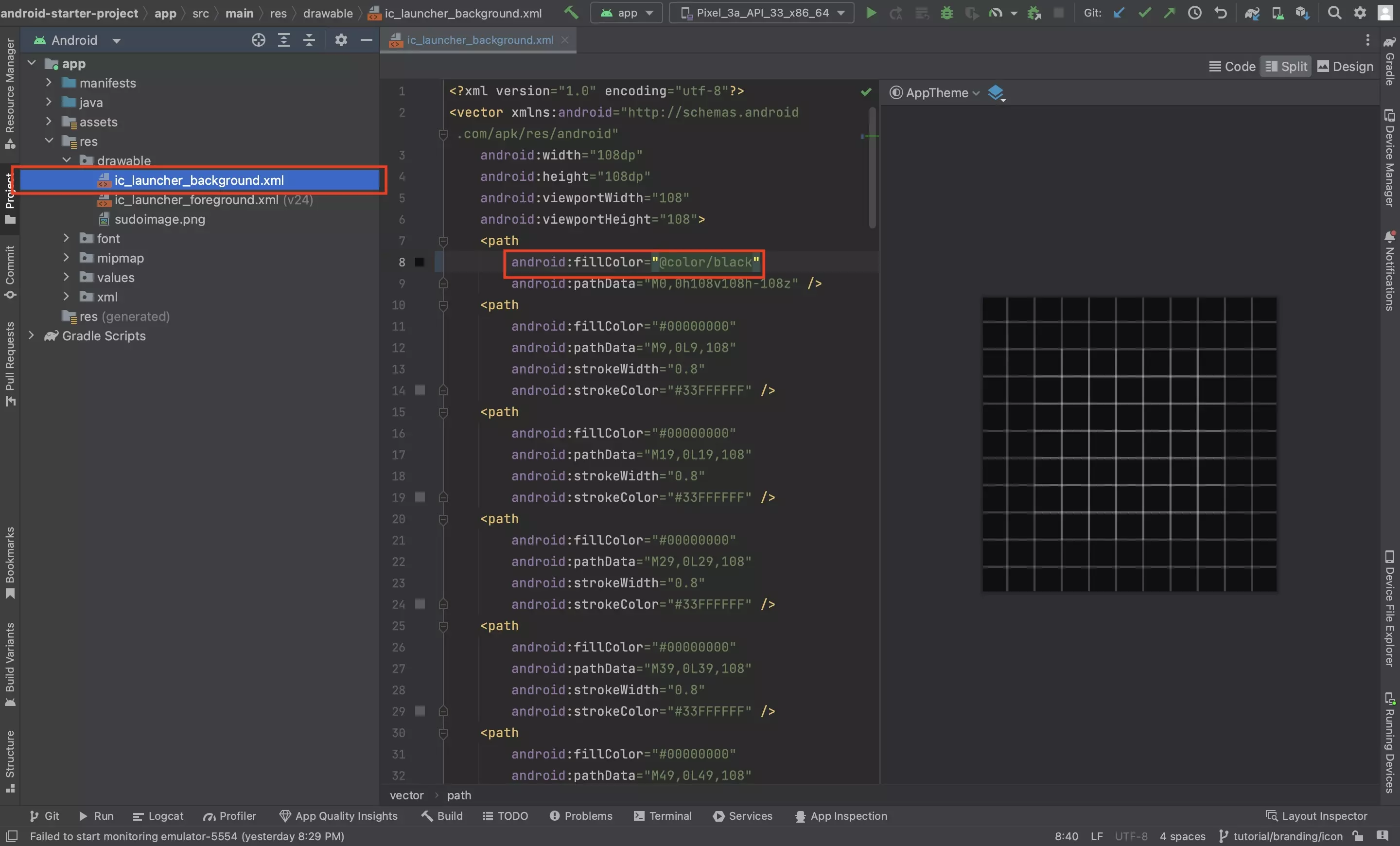 A screenshot of Android Studio with the ic_launcher_background.xml file selected. Highlighted is how we changed the background color.