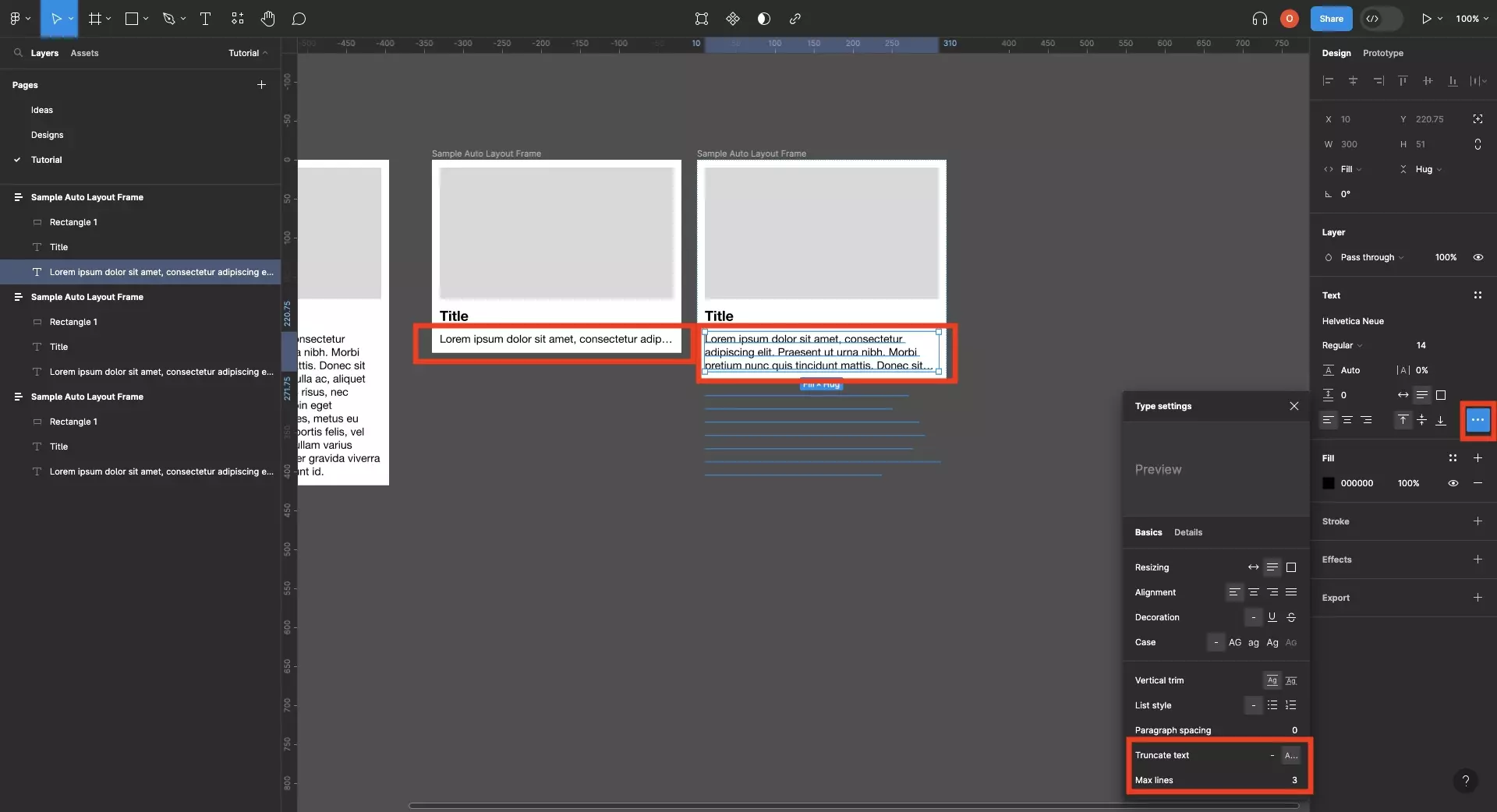 A screenshot of Figma showing two frames that demonstrate how changing the maximum number of lines affects the way the text is shown within a UI element. A text element is selected and we have highlighted the button on the right menu side bar that allows you to open the type settings for that text element. Within the menu that appears, we have highlighted the truncate text and max lines options. Set text to be truncated and change the max lines to change the maximum number of lines.