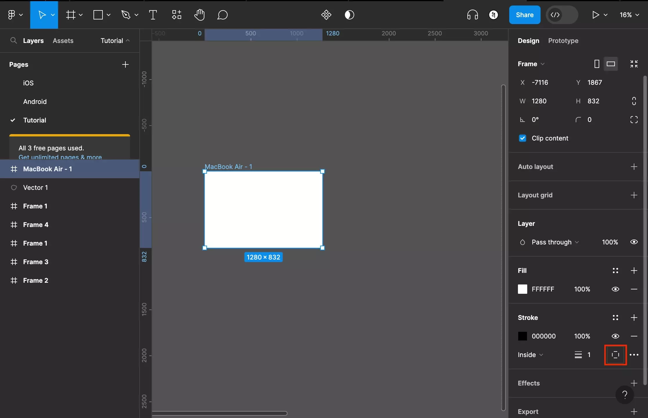 A screenshot of Figma that shows you a frame that has been selected. We have added a stroke and have highlighted the box that allows you to open the menu for deciding what edges to apply the stroke to.