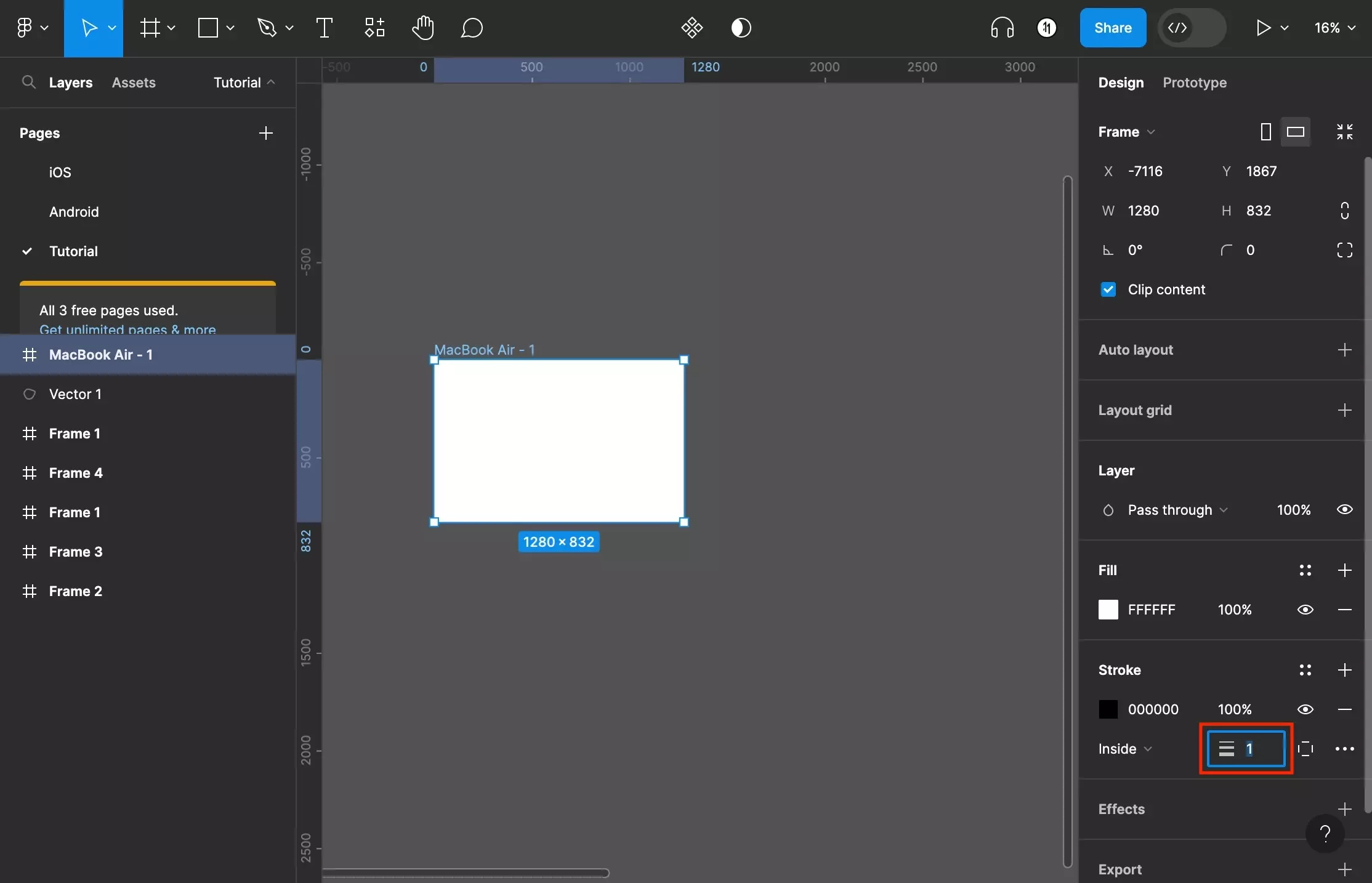 A screenshot of Figma that shows you a frame that has been selected. We have added a stroke and have highlighted the box that allows you to change the stroke width. It is found to the right of the stroke type option box.