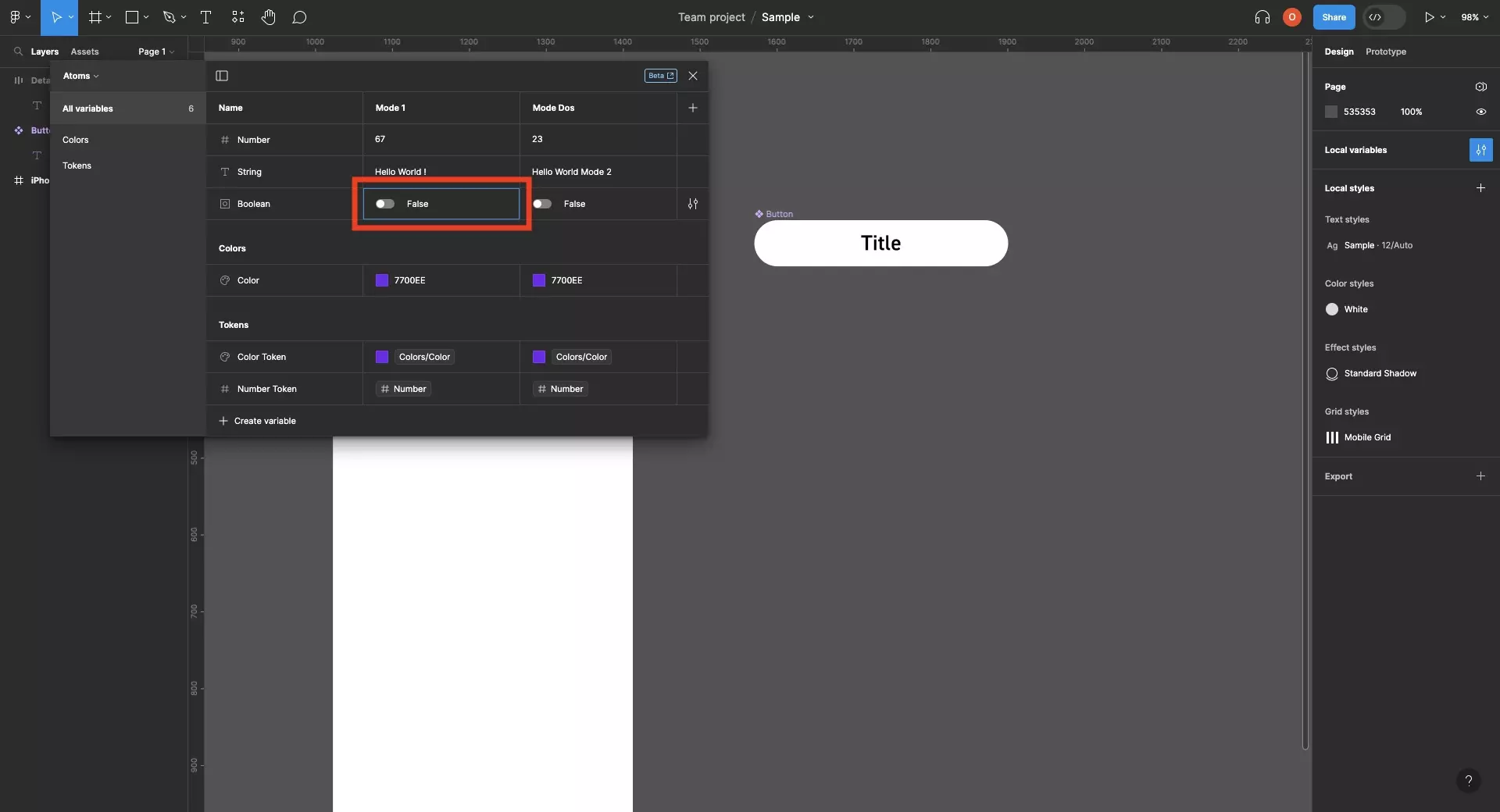 A screenshot of Figma showing that the boolean variable has been applied. The variables window is open and it shows that we have updated it to false, and that the UI element is now invisible.