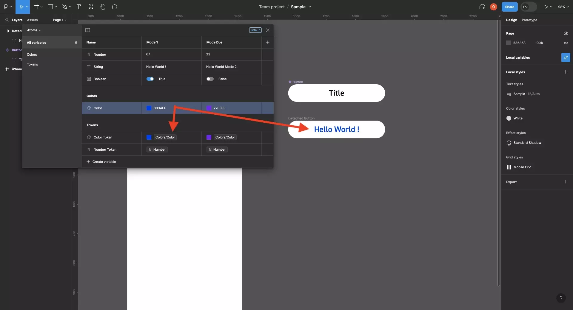 A screenshot of Figma that shows the variable window open. It highlights that we changed a variable within the window and that change was applied to the UI element and the token that references it.