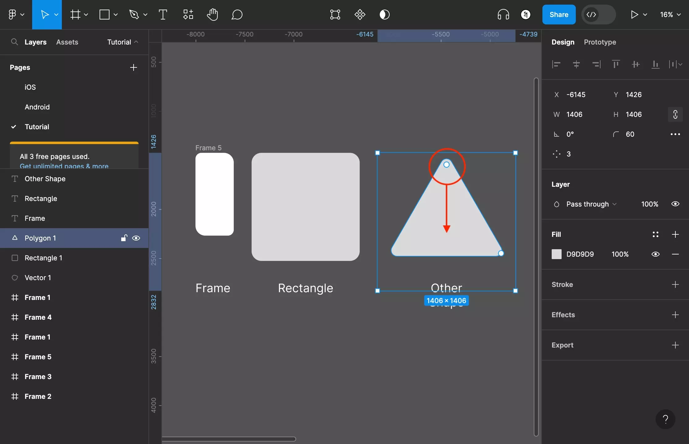 
<p>A screenshot of Figma with a Frame, Rectangle and Triangle shape on screen, beneath them sits labels that state “Frame” “Rectangle” and “Shape” respectively. The triangle has been selected and we have highlighted the circles that appear on the corners. If you click and drag these circles you can change the corner radii visually.</p>
<p></p>