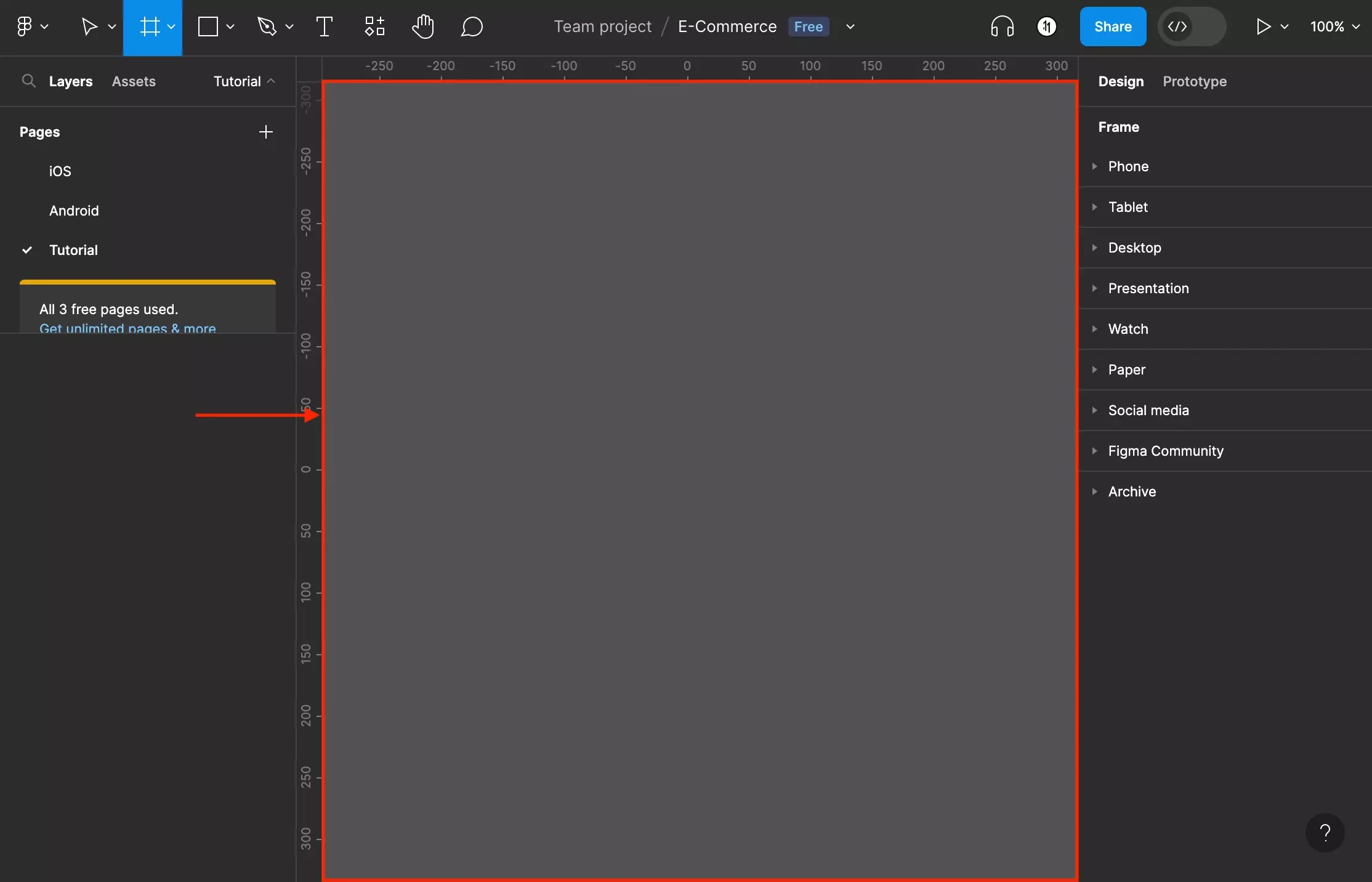 A screenshot of Figma that shows you the area of the Figma canvas. If the Frame tool is selected you can create a new artboard by clicking on the canvas and dragging across it to form a canvas of your own size.