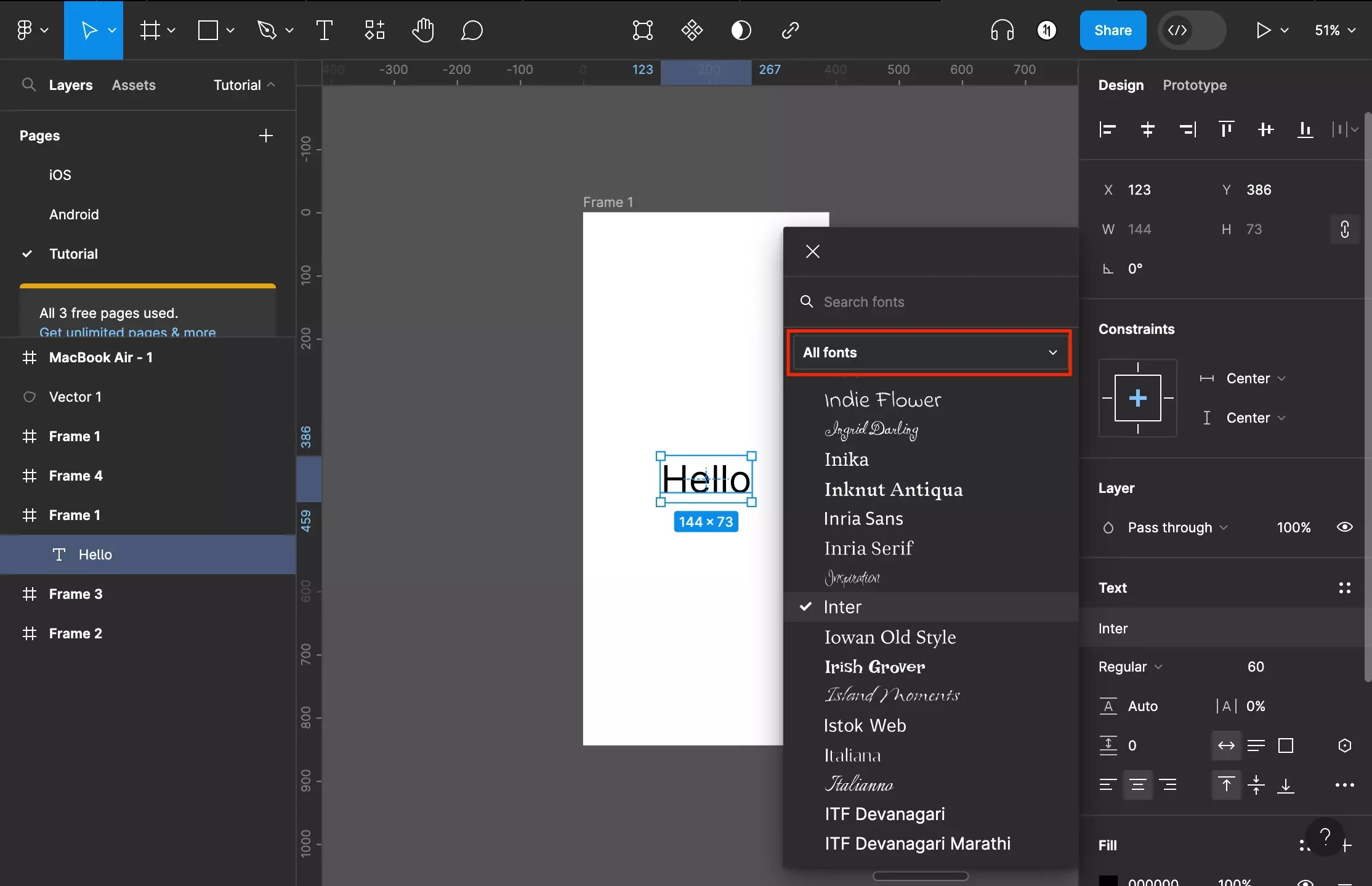 
<p>A screenshot of Figma that shows you a frame with text on it. The typeface dropdown is open and on it, we have highlighted the “All Fonts” label that has a caret next to it. Press this to open a second dropdown that allows you to filter fonts.<br /></p>
<p></p>