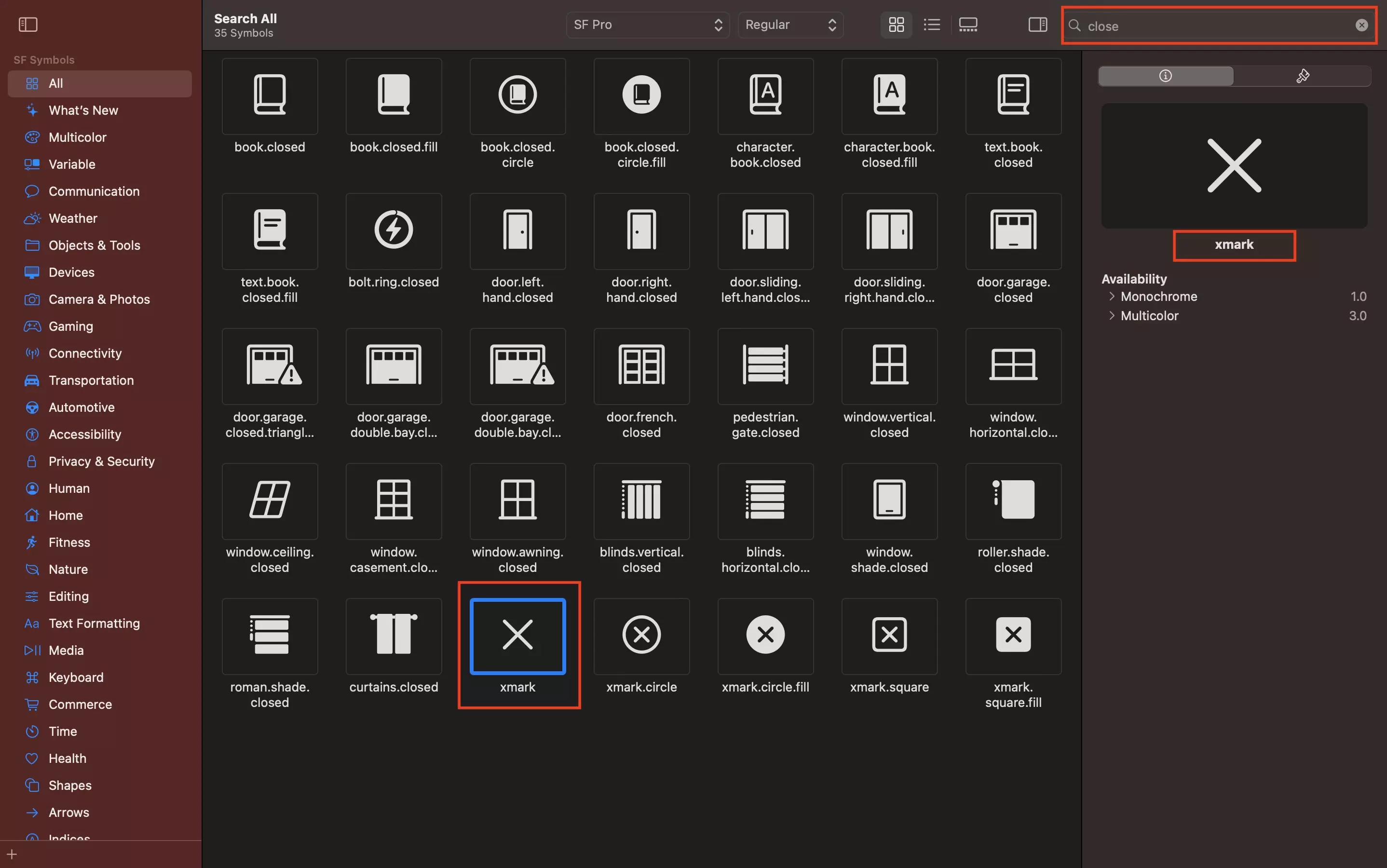 A screenshot of SF Symbols highlighting how we have searched for "close" using the search bar on the top right. We have also highlighted the "xmark" tile, which represents a close button on the symbol selector and on the side bar. This highlight is to demonstrate that the symbol name for a traditional "close button" is "xmark."