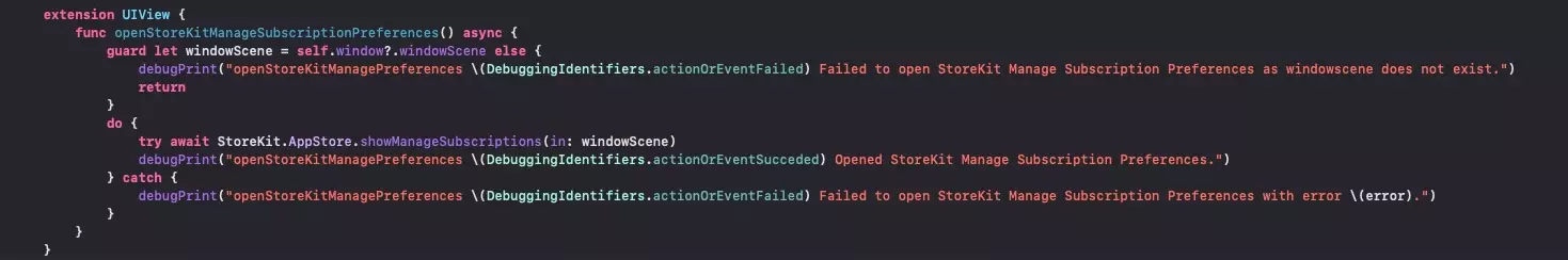 A screenshot of Xcode showing the code snippet that's available below.