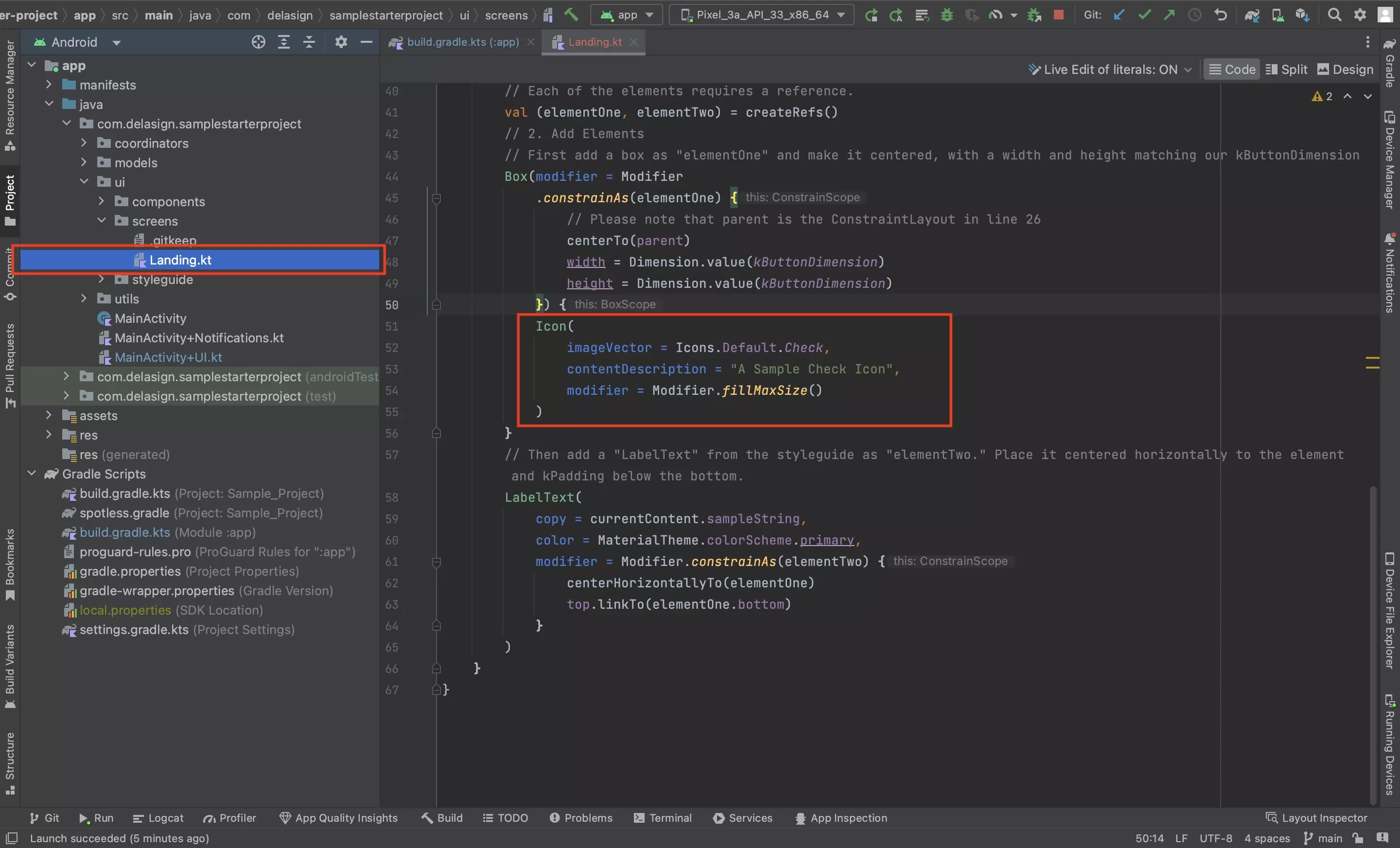 A screenshot of Android Studio with a highlight on the code that's used to implement a symbol.