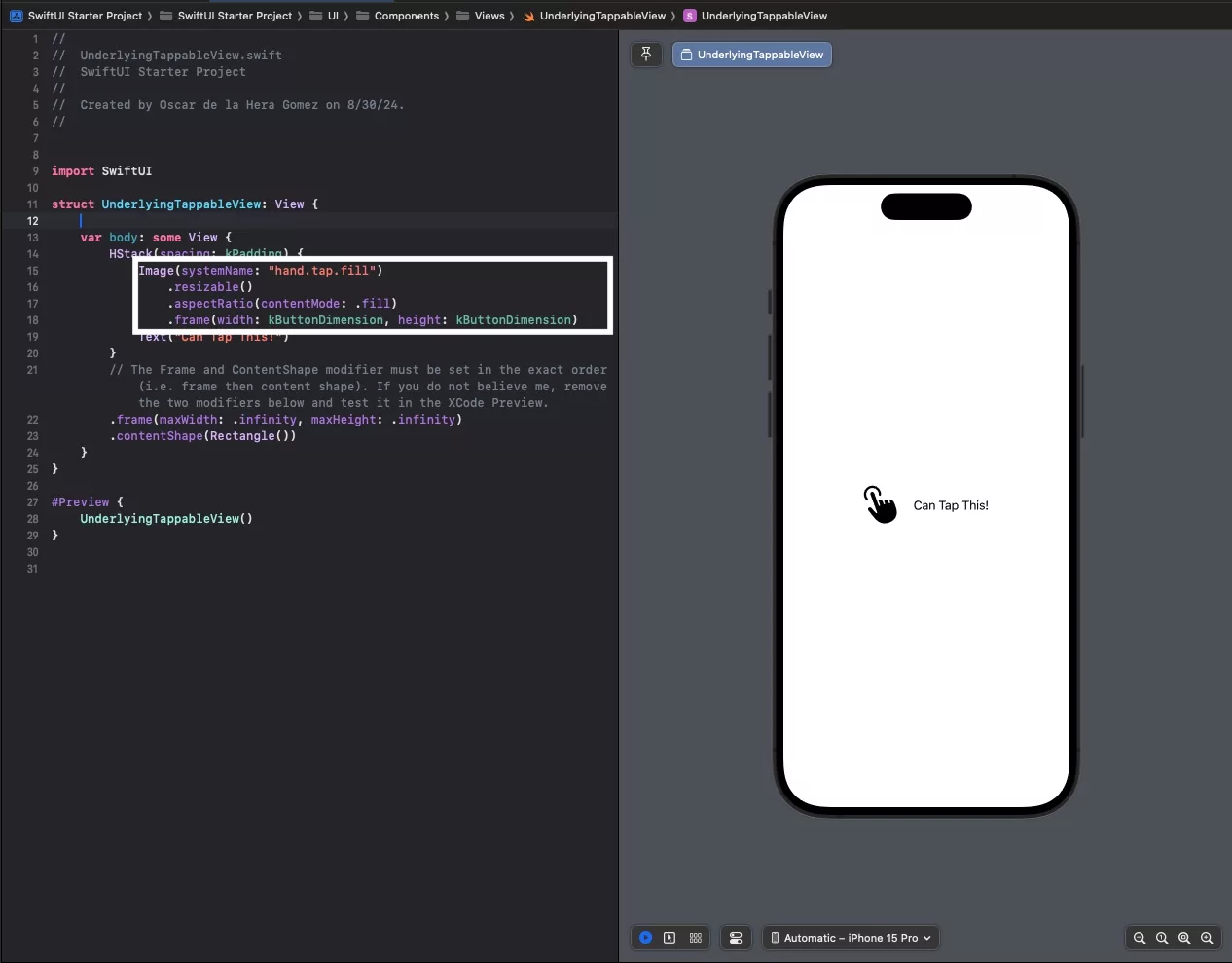 A screenshot of XCode showing how we used a resizable modifier and a frame modifier to set a custom size for an image.