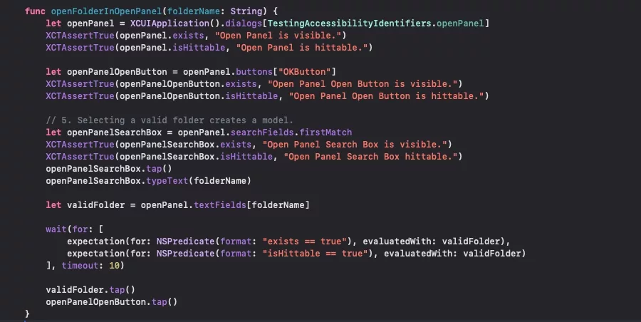 A screenshot of the code that opens a folder within an NSOpenPanel.