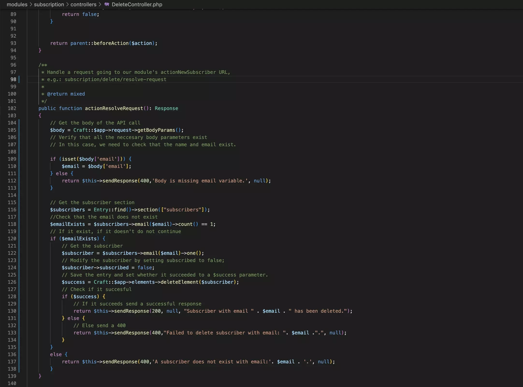 A screenshot of VSCode showing the DeleteController code. The full sample is provided below.