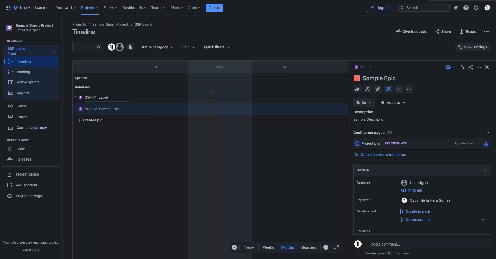 
<p>A screenshot of the Jira timeline screen with an epic selected. A view appears on the right hand side which shows that it now has a description and a new color.</p>
<p></p>