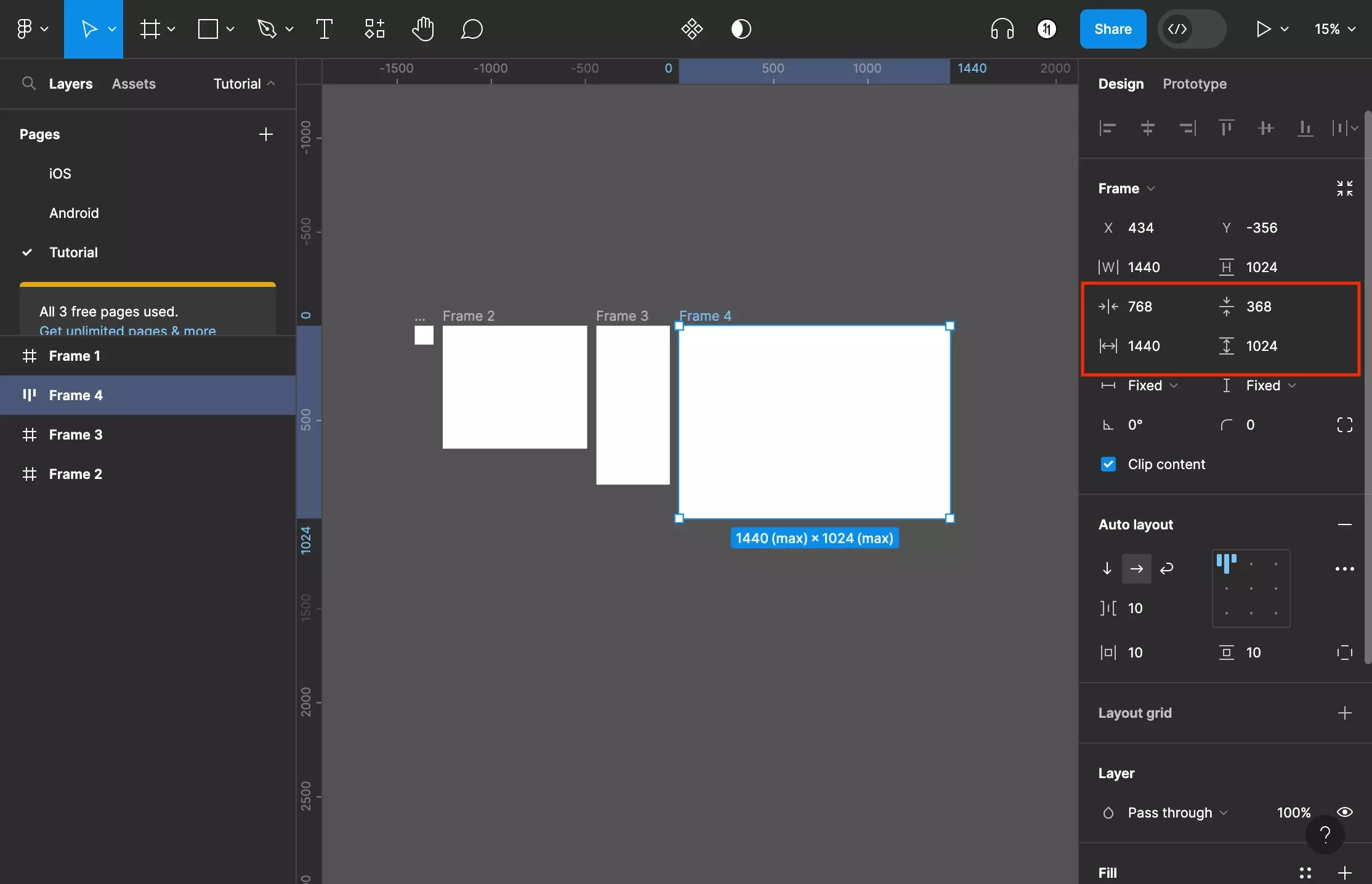 A screenshot of Figma showing that the values for the minimum and maximum width and height have been set on the right menu side bar.