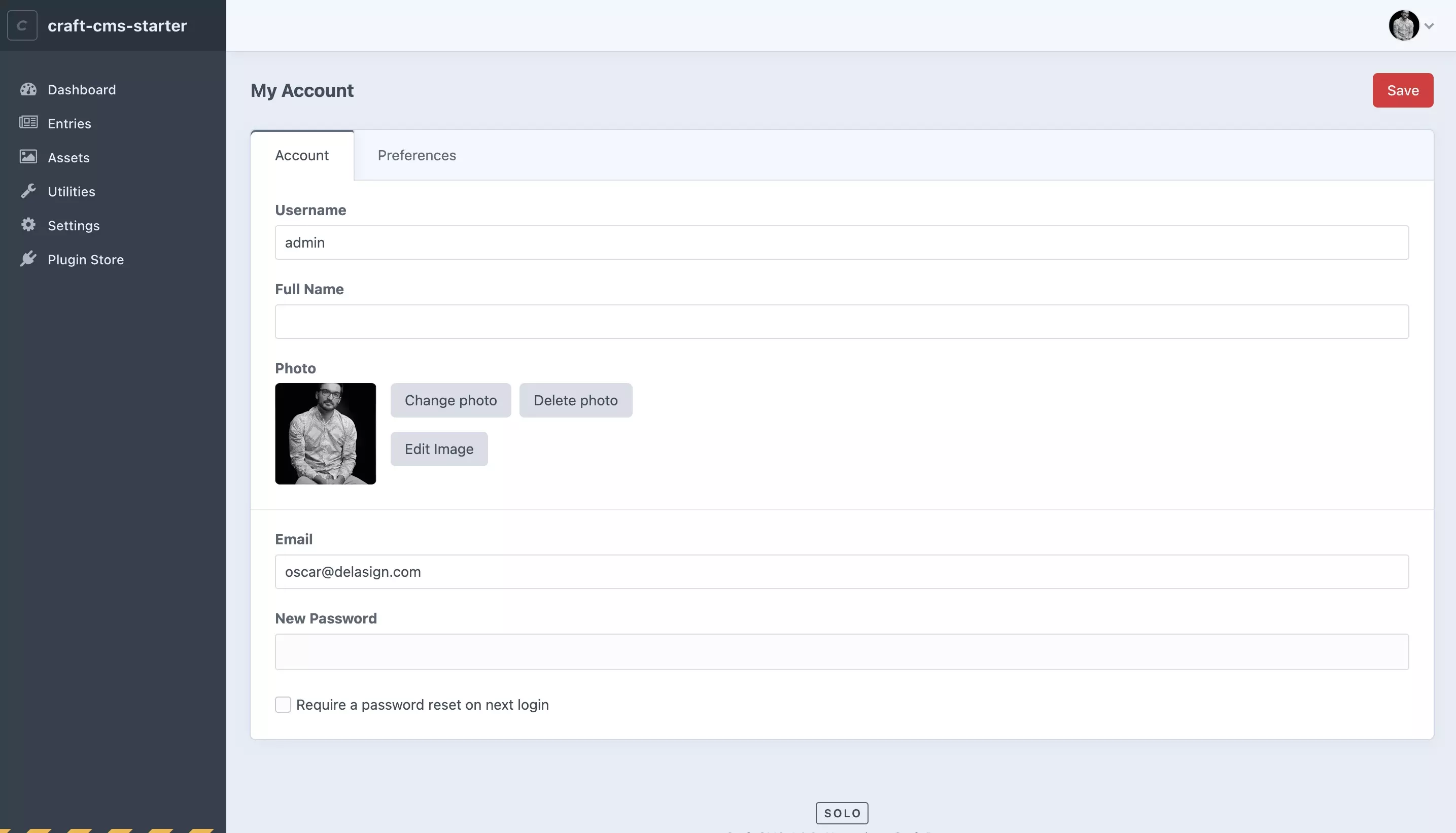 A screenshot of the Craft CMS Admin account screen showing the uploaded photo under photo as well as on the top right.