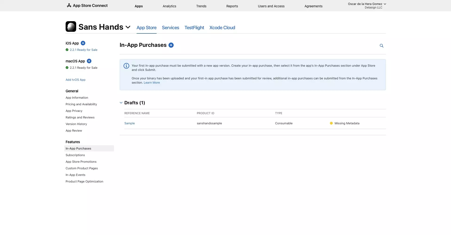 A screenshot of the Sans Hands In-App Purchase page, displaying the product that we created in this tutorial.