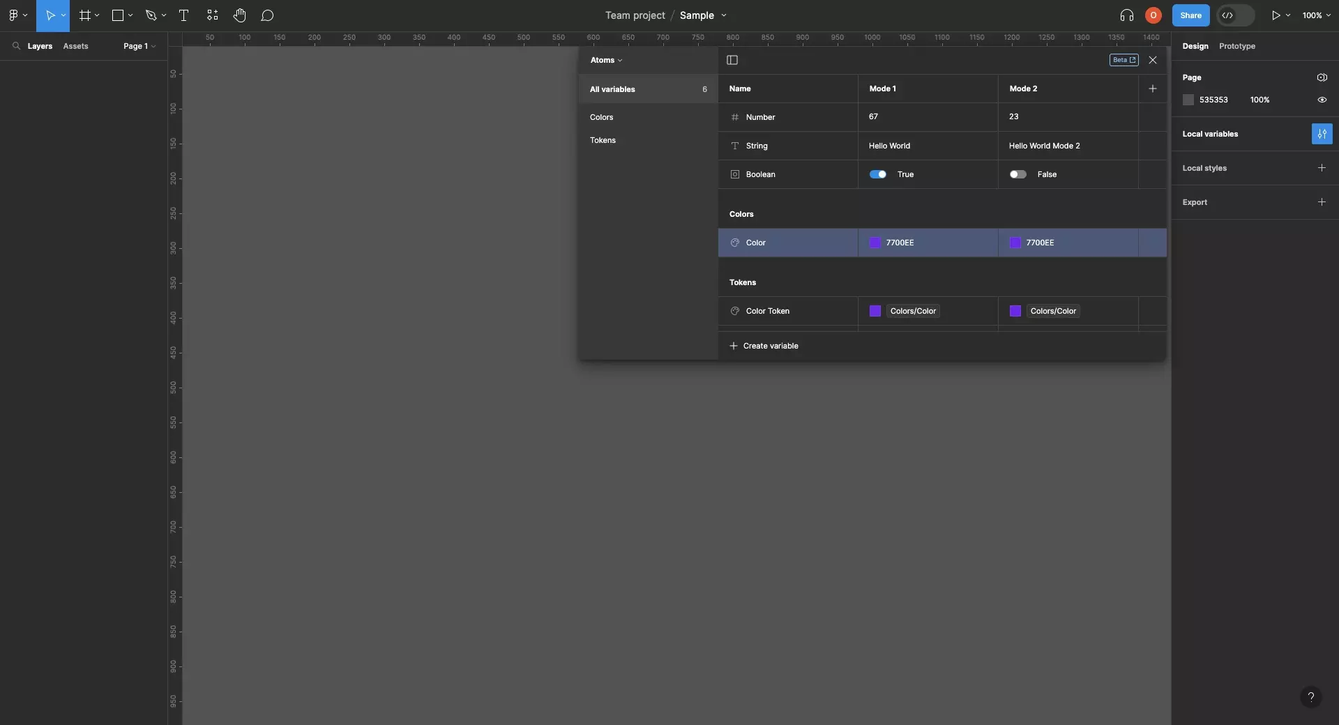 A screenshot of Figma showing that the new mode has been created and that we have updated the variables.