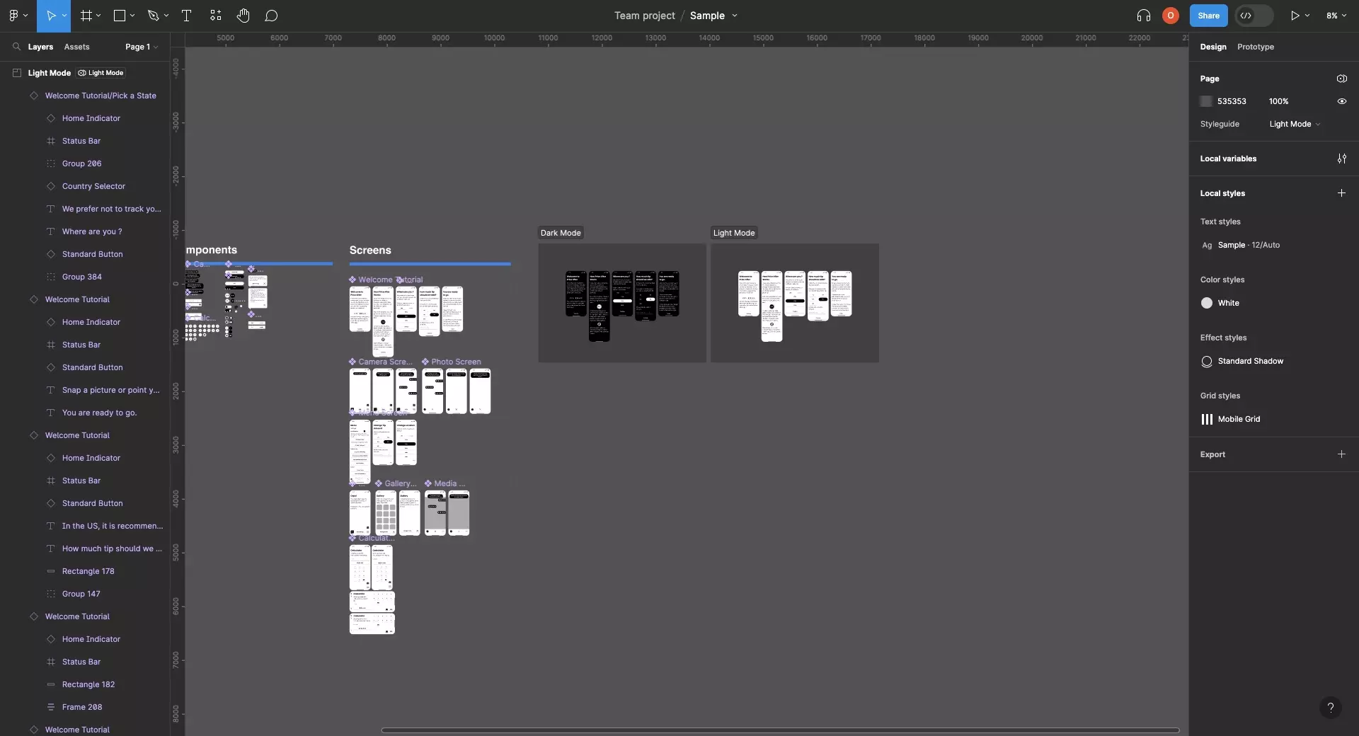 A screenshot of a Figma design files showing UI elements and two sections called "Light Mode" and "Dark Mode,” each mode contains an element that makes use of the collection that holds the modes. We have set the dark mode  section to use dark mode and the light mode section to use light mode. This is reflected by the elements.