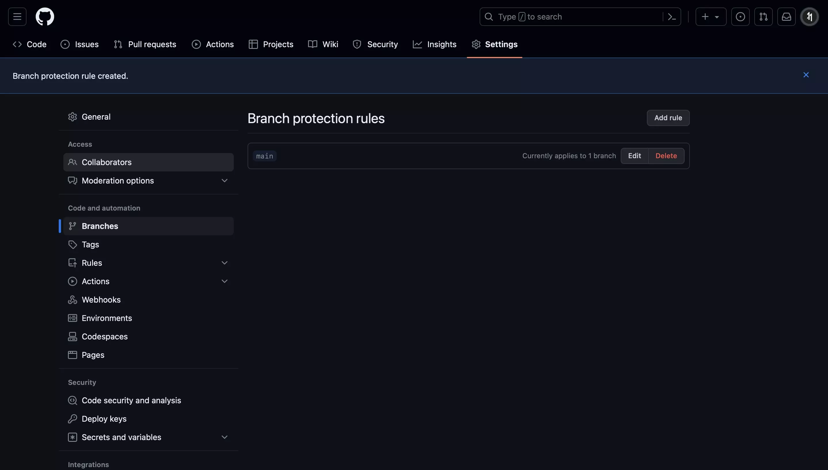 A screenshot of Github that shows a banner confirming that the Branch Protection Rule was created.