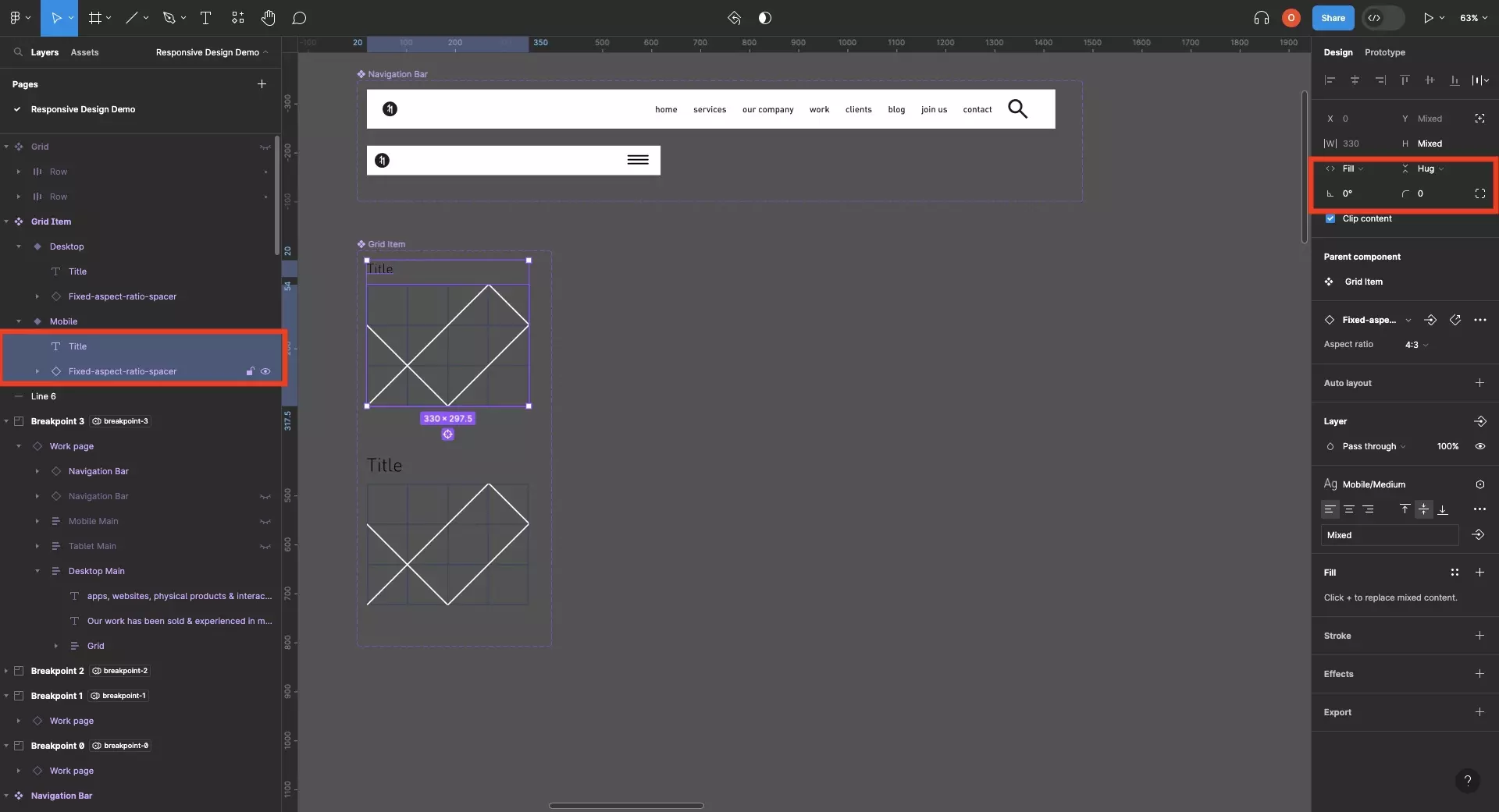 A screenshot of a Figma design file showing a component with two variants. The component variant contains one text UI element and one fixed-aspect-ratio-spacer component variant. Highlighted on the left menu side bar is that we have selected the text ui element and fixed-aspect-ratio-spacer component variant. On the left menu side bar we have highlighted that both components uses an auto layout and that the horizontal  resizing is set to fill whilst the vertical resizing is set to hug.