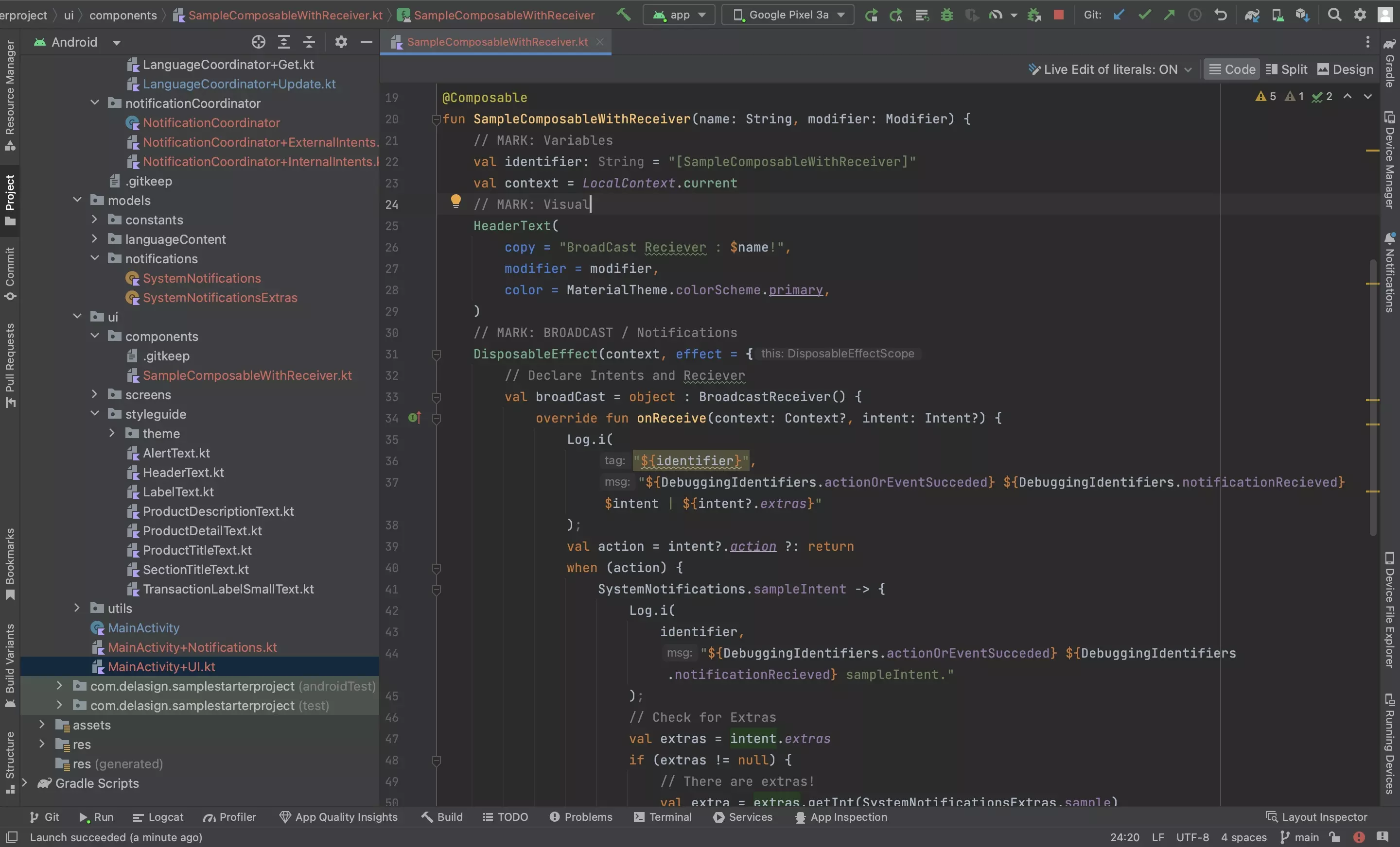 A screenshot of Android Studio showing the sample Composable  with a disposable effect that incorporates a broadcast receiver.