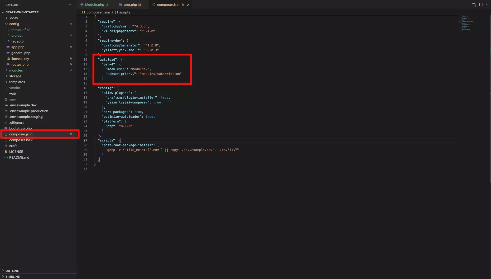 A screenshot of VSCode showing the modified composer.json file.