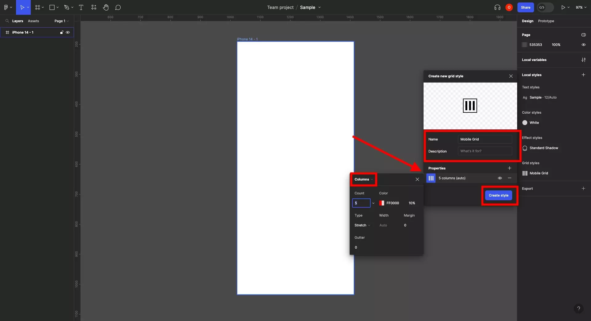 A screenshot of Figma showing the window that appears when you create a new Grid Style. We have highlighted that you must name the grid style. If you press the grid icon, you can customize your grid to include rows and columns instead of a standard square grid. Finally, when you are done customizing, we have highlighted the create style button. Press it to create the style.