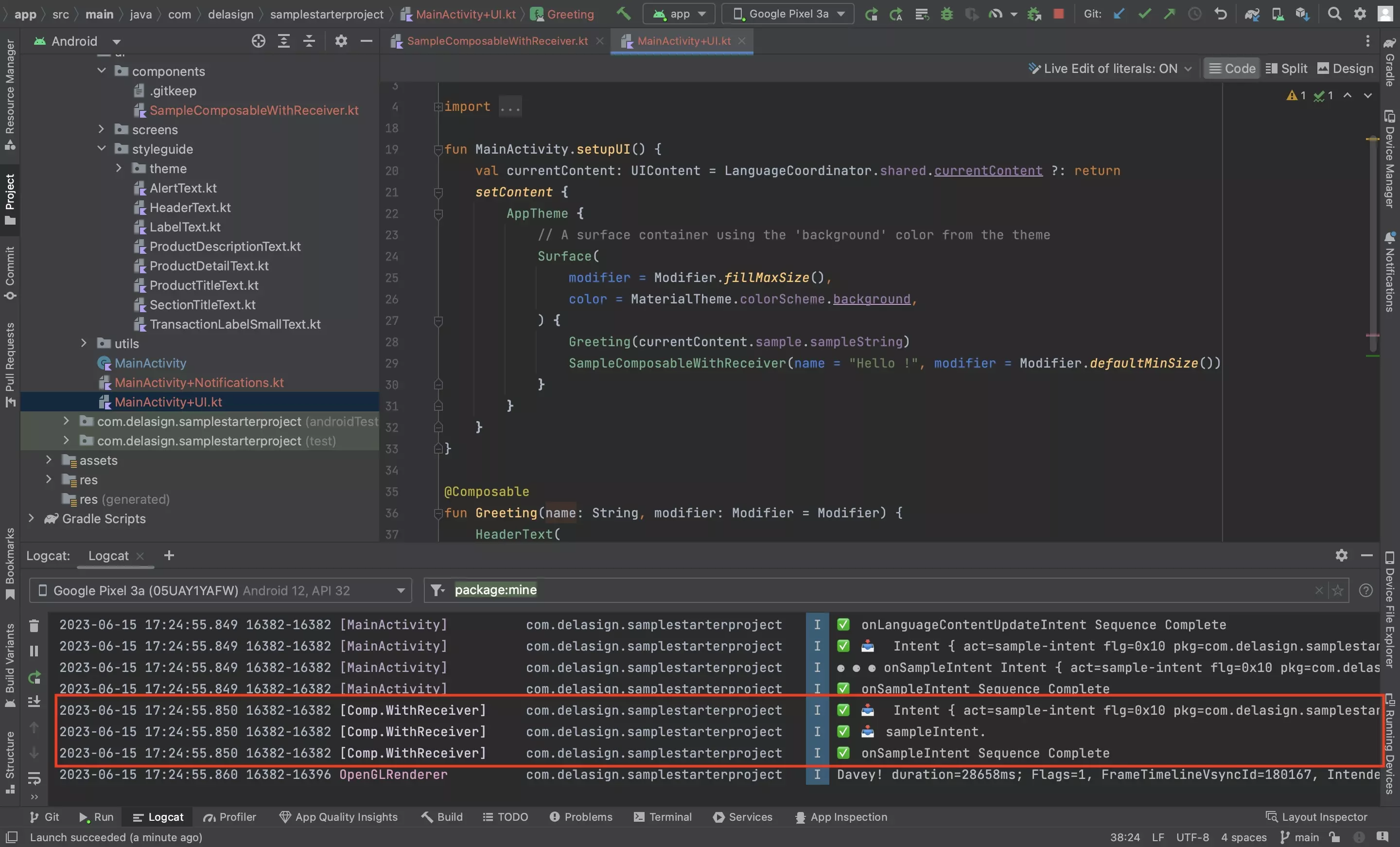 A screenshot of Android Studio showing the logs confirming that the composable received the broadcast.