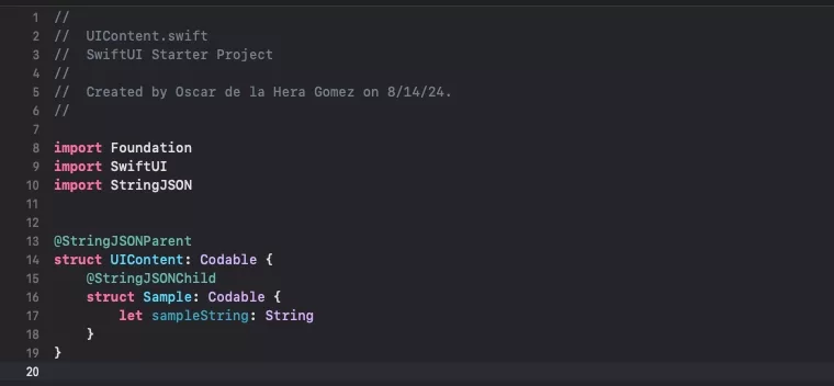 A screenshot of XCode showing how the StringJSONMacros reduce the amount of code.