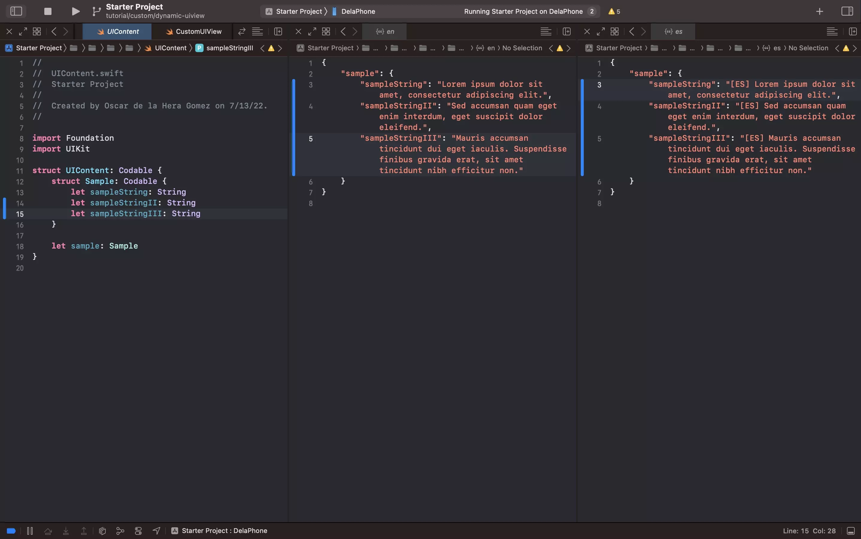 A screenshot of XCode showing the updates to the language content that are carried out in this step.