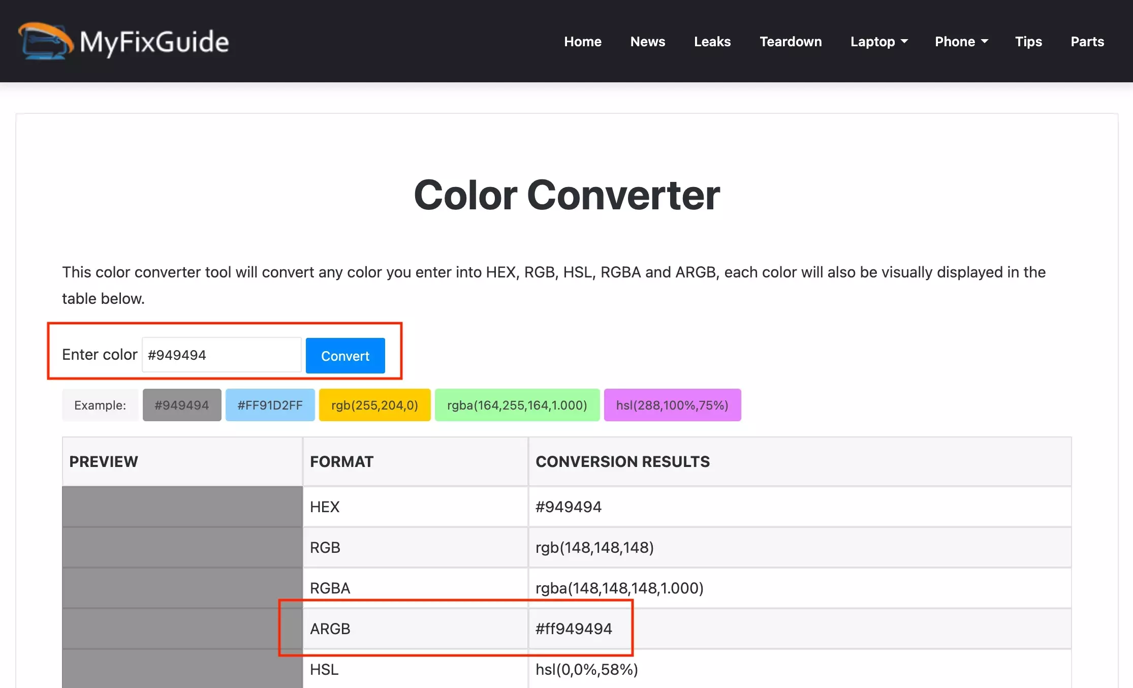 A screenshot of FixGuide's Color converter, highlighting where you can enter a hex value and where you can gather the ARGB value.