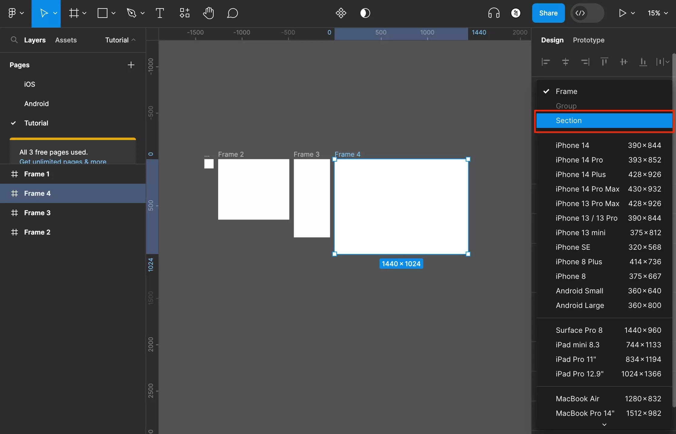 A screenshot of Figma showing the frame dropdown that appears. Select "Section" to convert the frame to a section.