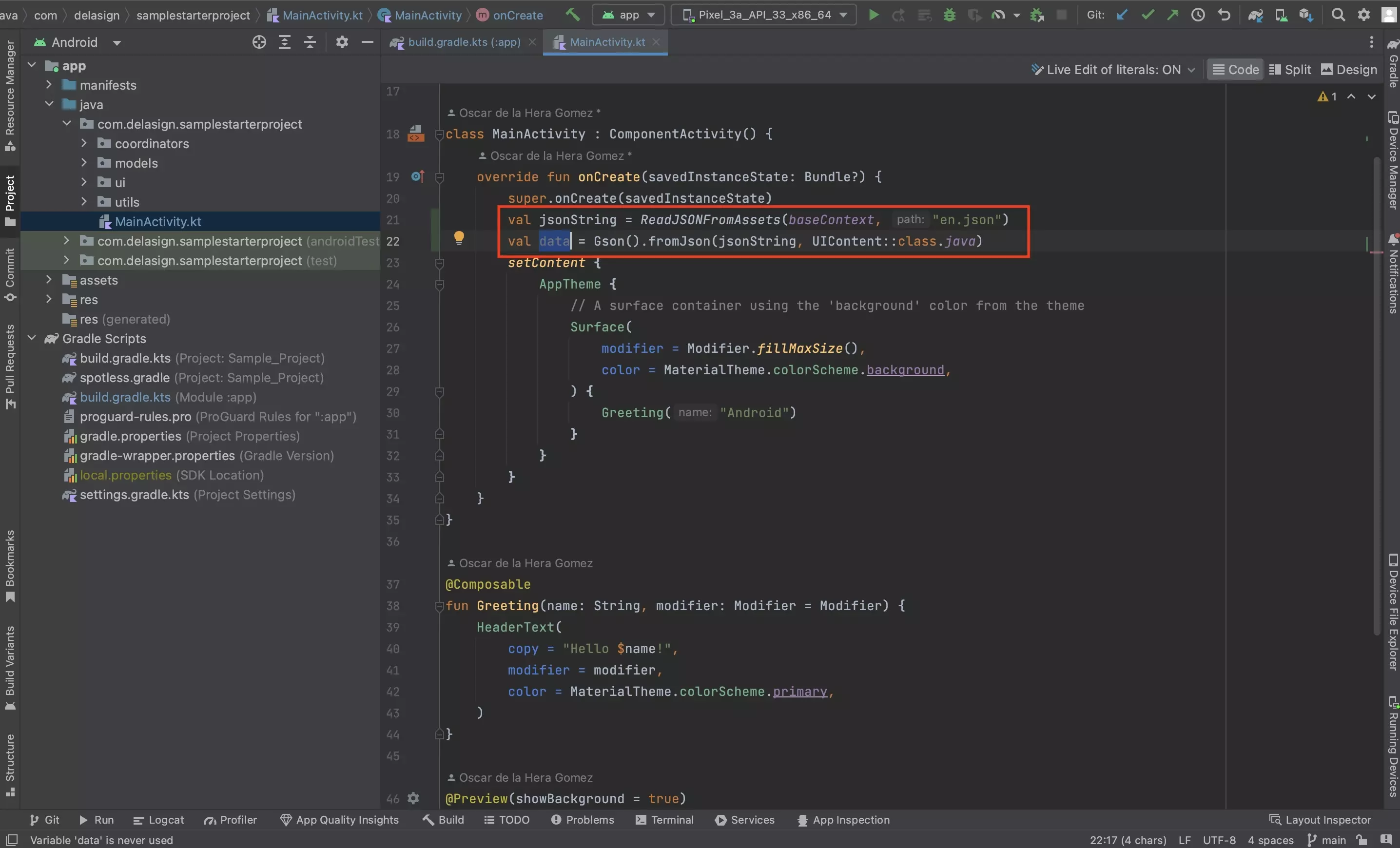 A screenshot of Android Studio showing you how to convert a JSON string into usable data. Code available below.