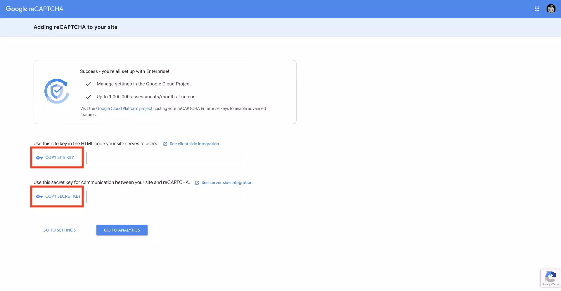 A screenshot of Google's reCAPTCHA website showing the page that appears after configuring a site. You an copy the SITE KEY and SECRET KEY by pressing the button with the relevant button.